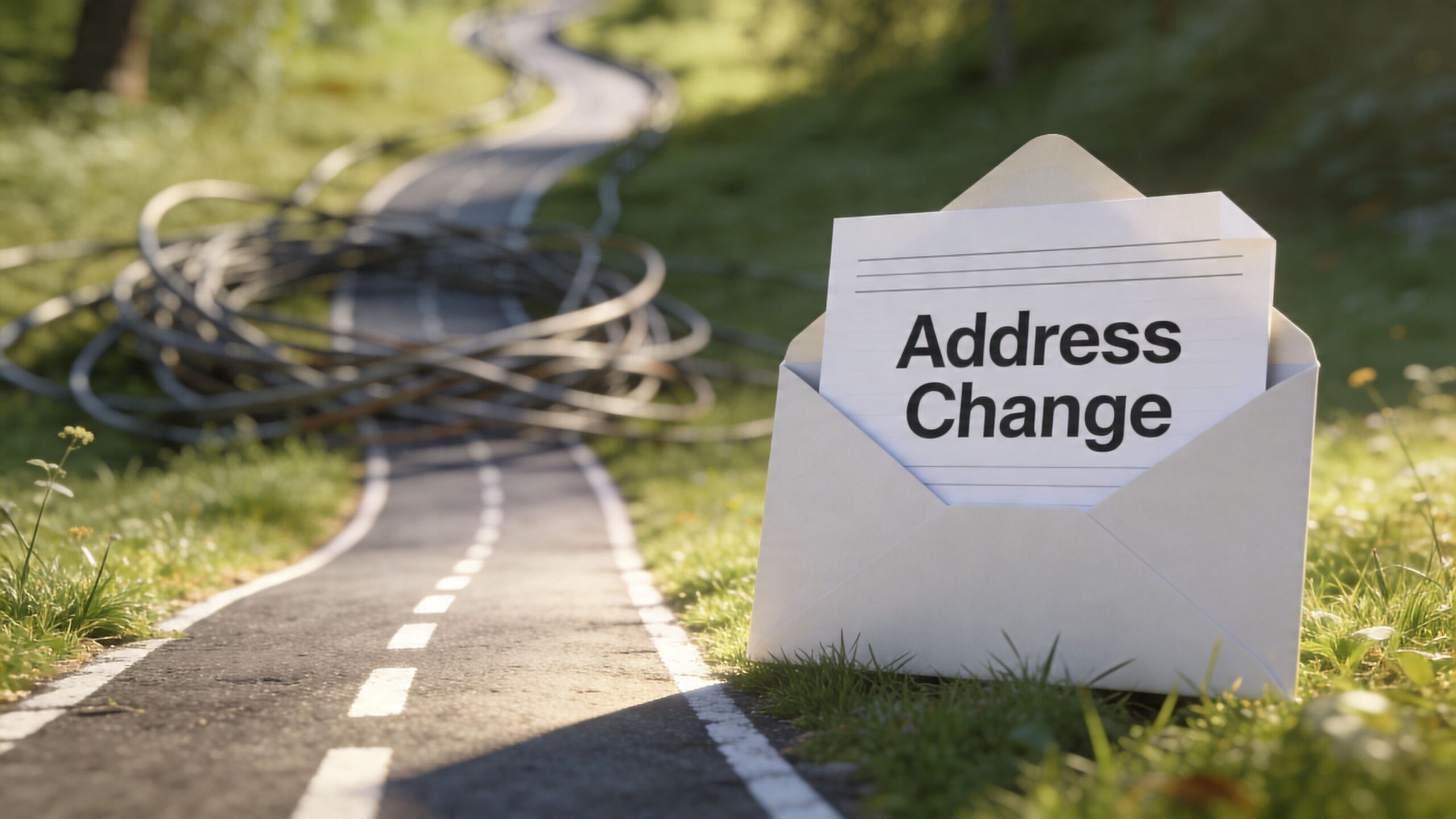 Ein offener Briefumschlag mit der Aufschrift Address Change steht auf einer Strasse neben einem Kabelgewirr.