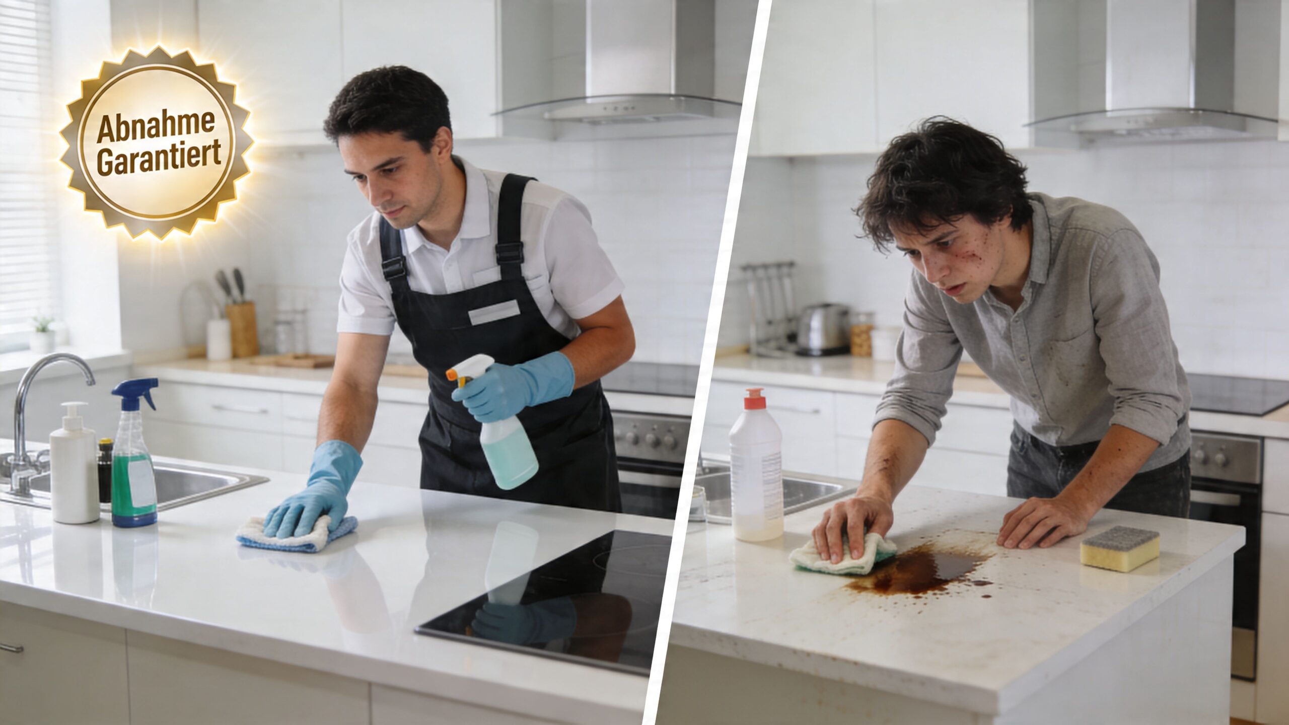 Ein professioneller Reinigungsservice im Vergleich zu einem überforderten Mieter bei der Wohnungsreinigung in einer Küche.