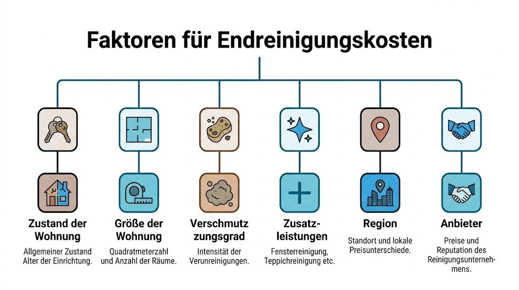 Infografik über die verschiedenen Faktoren, welche die Kosten einer Wohnungs-Endreinigung maßgeblich beeinflussen und bestimmen.