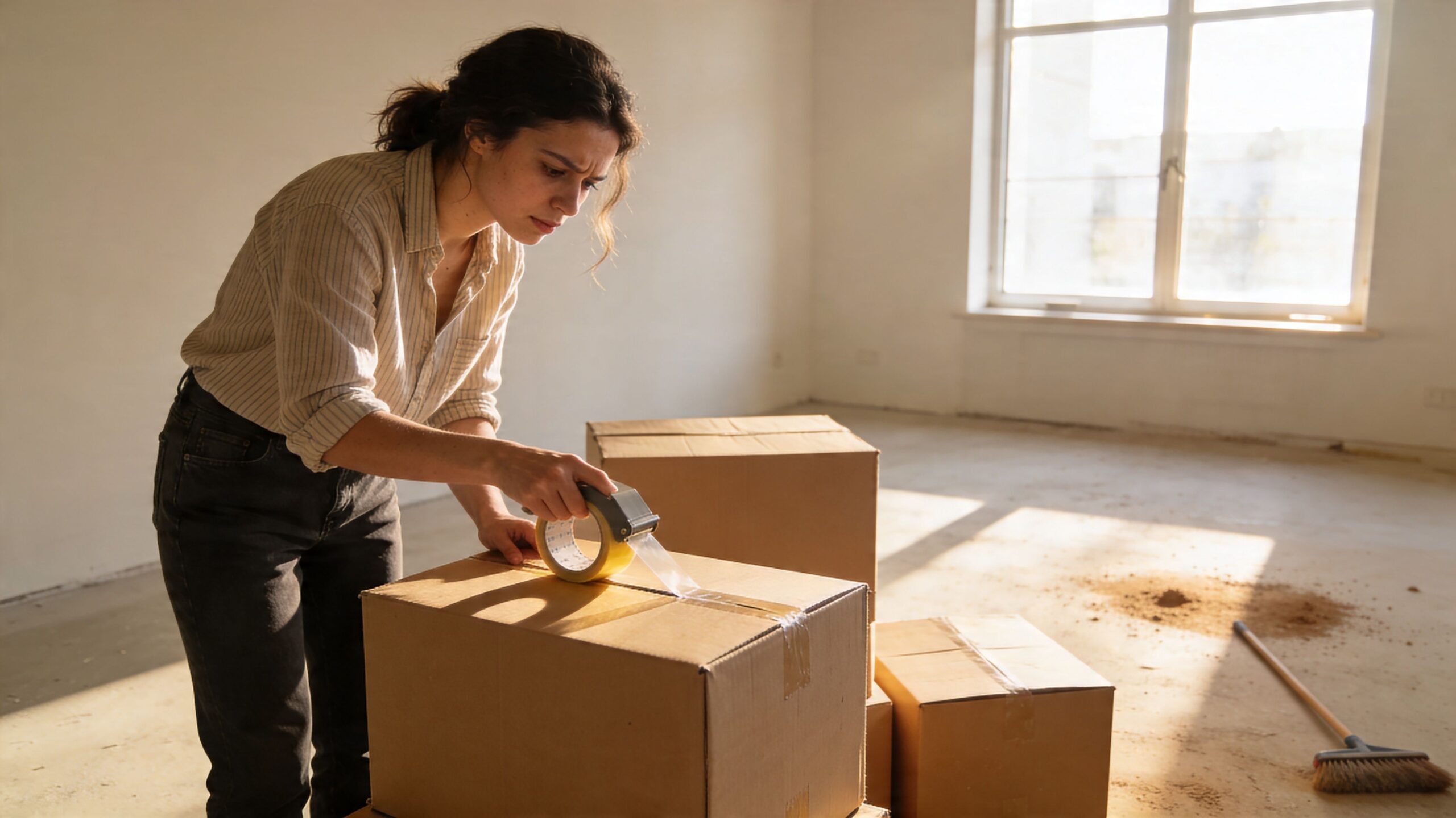 Eine junge Frau verpackt beim Umzug Kartons in einer leeren Wohnung während der endgültigen Reinigung.