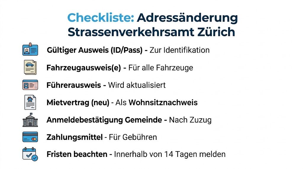 Eine Checkliste für die Adressänderung beim Strassenverkehrsamt Zürich mit den erforderlichen Unterlagen und Fristen.