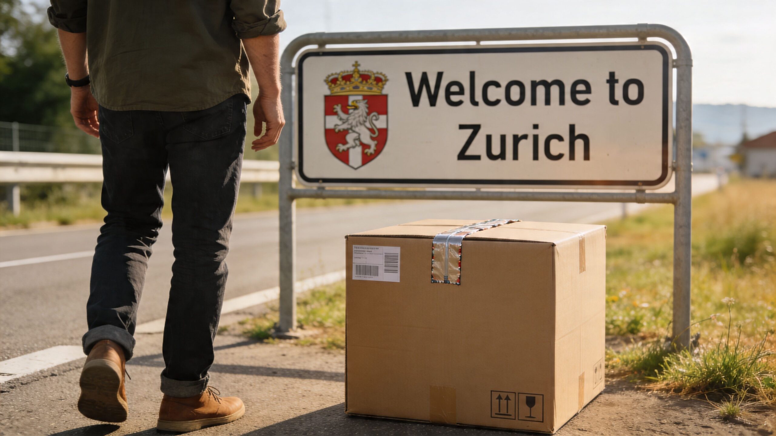 Ein Mann steht neben einem Paket vor einem Willkommensschild der Stadt Zürich am Straßenrand.