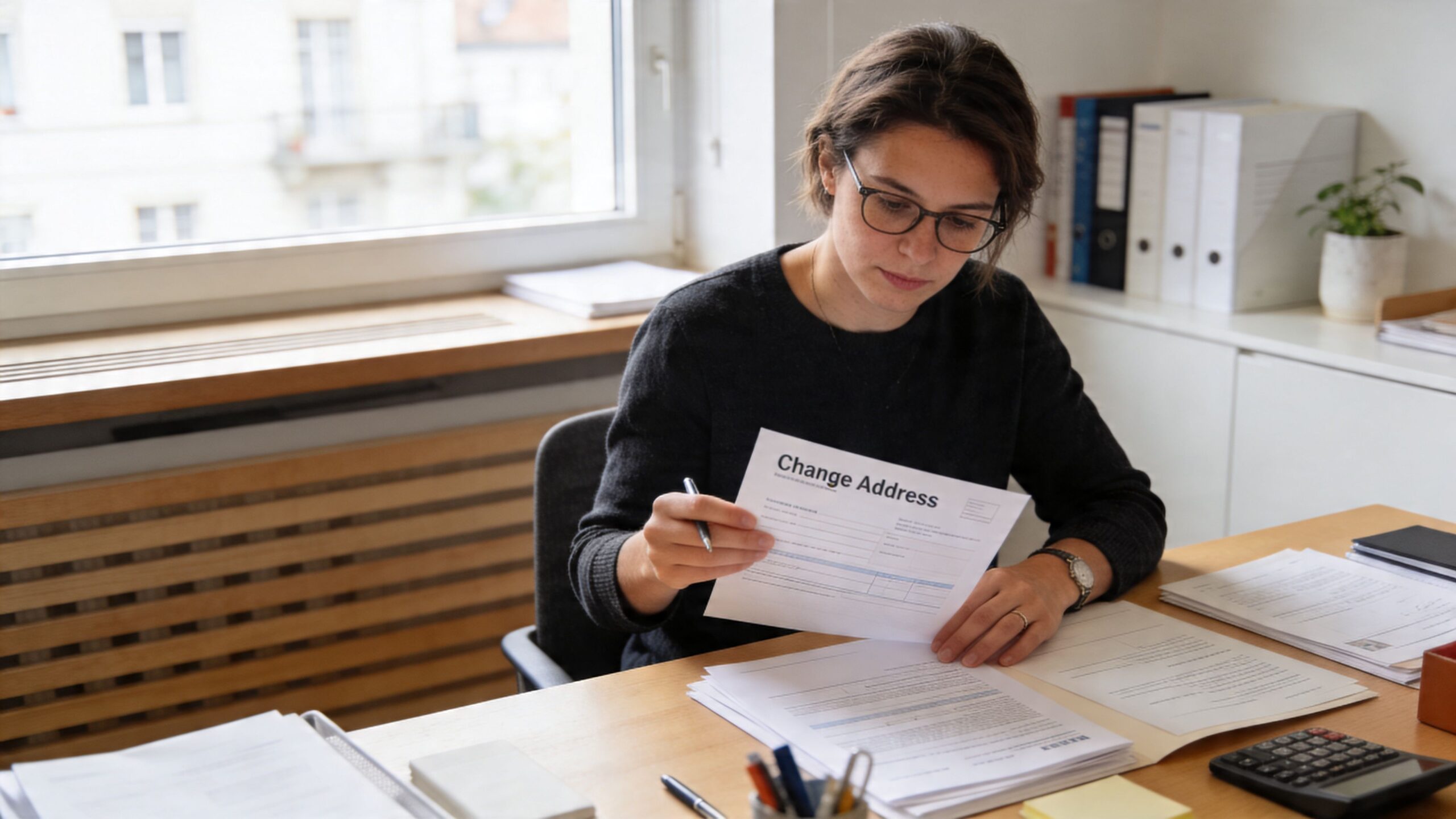 Eine Frau in einem Büro füllt konzentriert ein Formular zur Adressänderung beim Straßenverkehrsamt Zürich aus.
