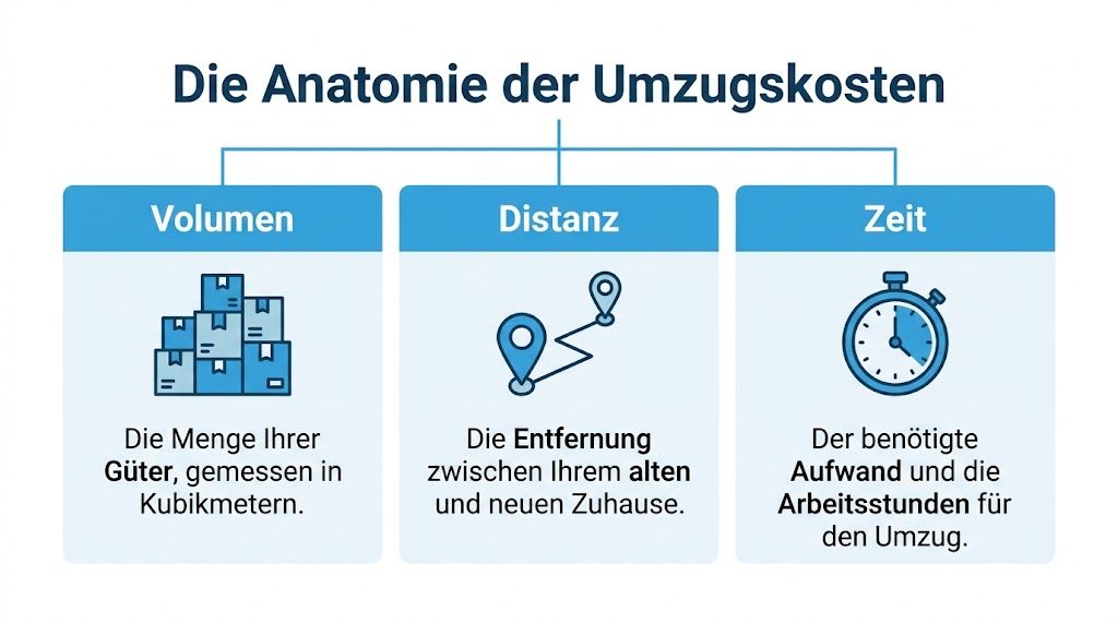 Eine Infografik erklärt die drei Hauptfaktoren der Umzugskosten: Volumen, Distanz und benötigte Zeit für den Umzug.