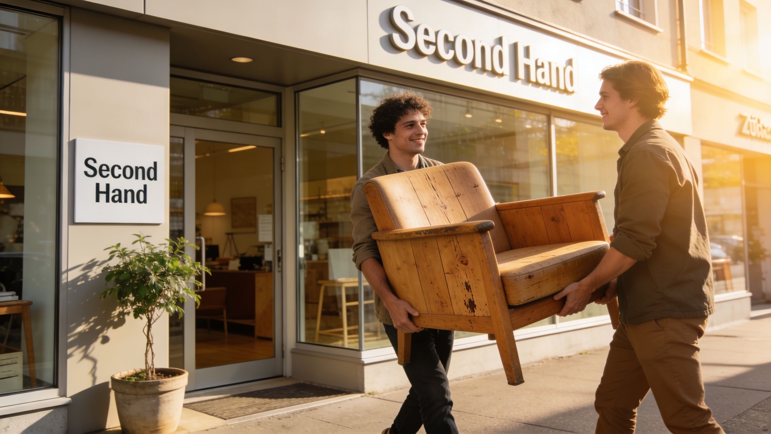 Zwei junge Männer tragen gemeinsam einen gebrauchten Sessel aus einem Secondhand-Laden in der Stadt.