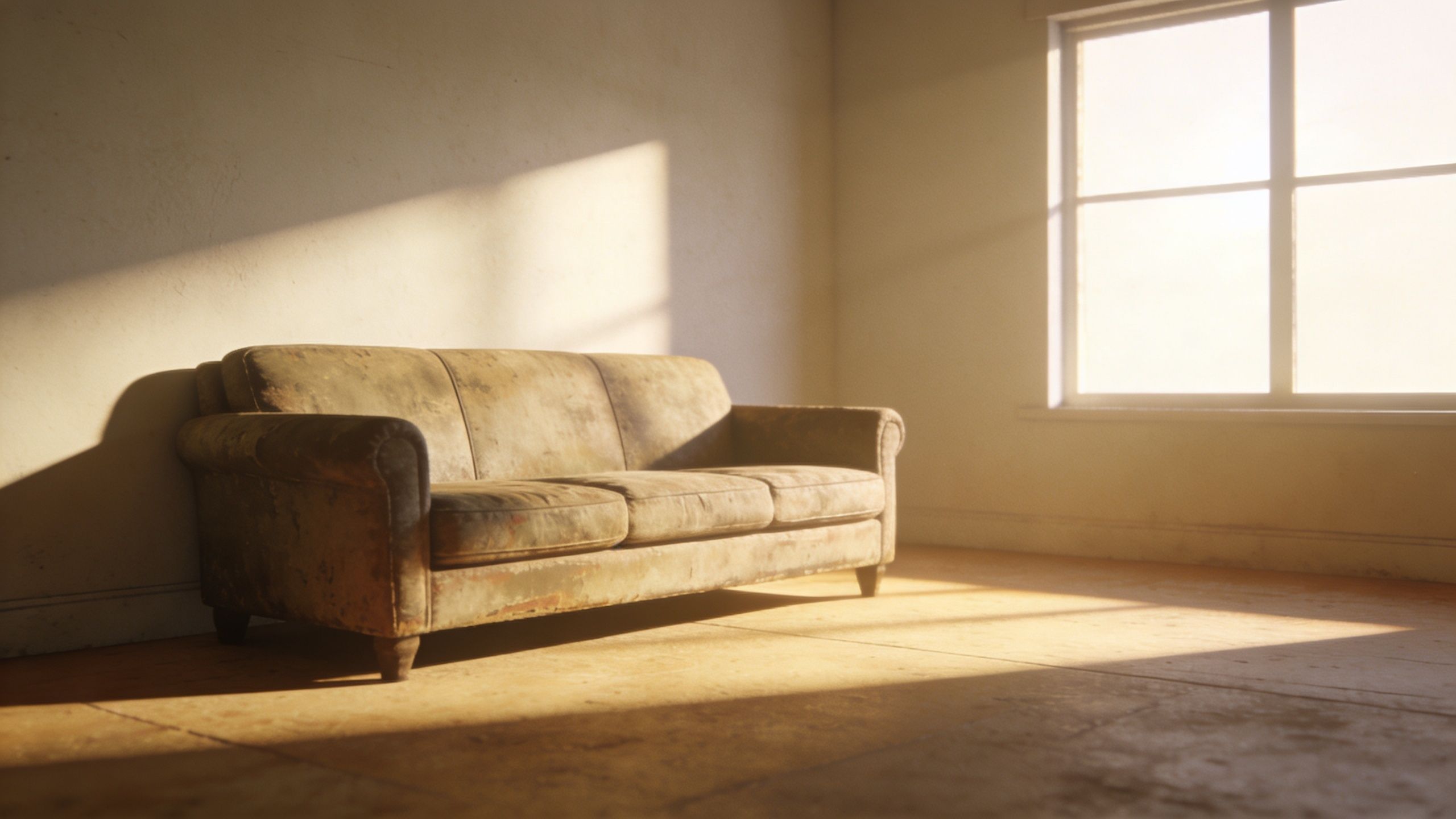 Ein altes, abgenutztes Sofa steht in einem sonnendurchfluteten, leeren Zimmer vor einer weißen Wand.