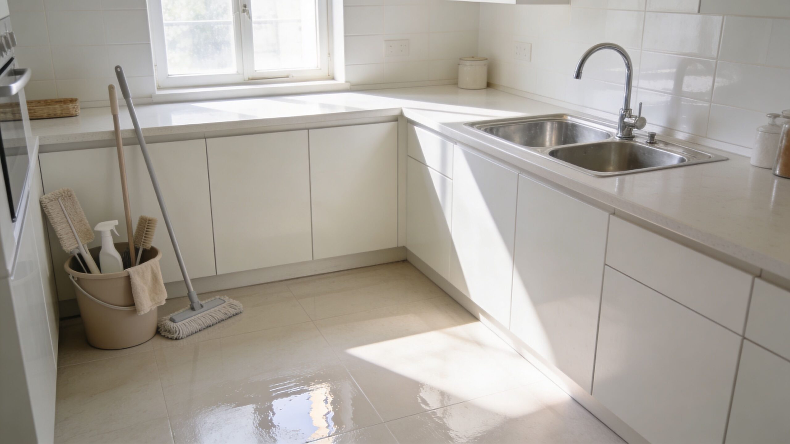 Eine moderne, helle Küche mit einer Reinigungs-Ausrüstung im Eimer und einem Wischmopp auf dem Boden.