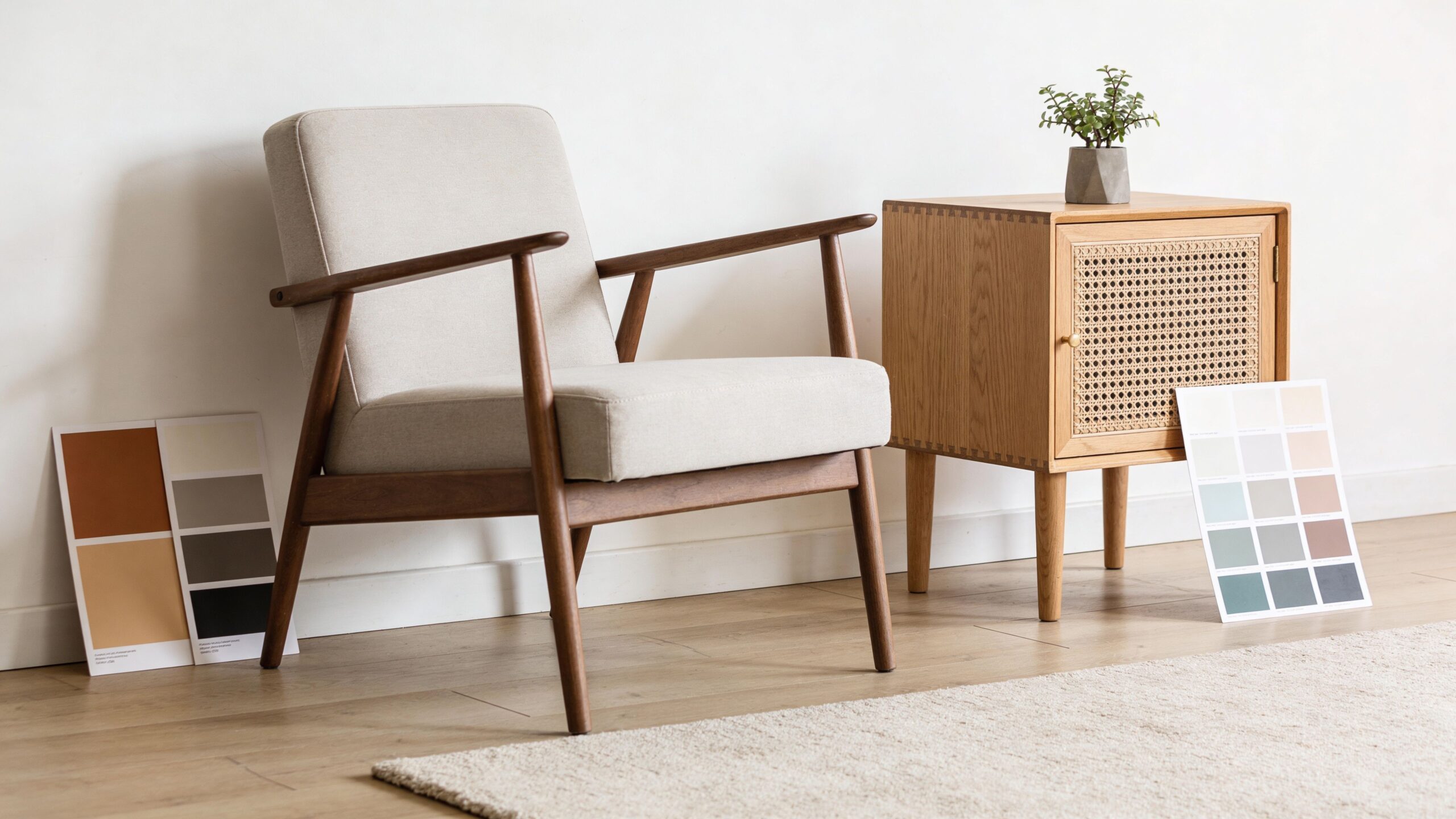 Ein moderner Sessel und ein Nachttisch aus Holz stehen in einer hellen Wohnung mit Farbpaletten.