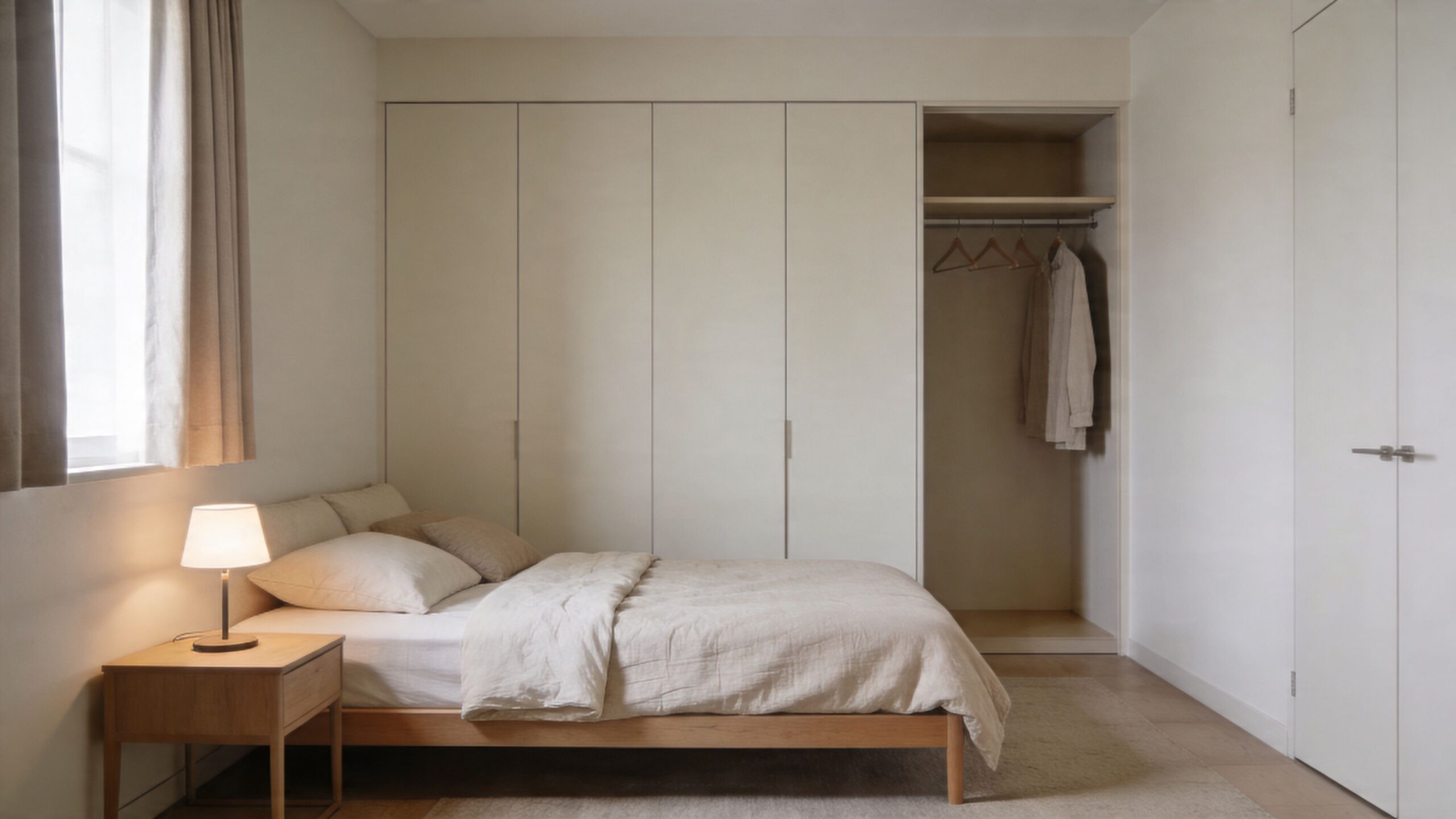 Ein helles, minimalistisches Schlafzimmer mit einem modernen Holzbett, einem Nachttisch und großen Einbauschränken in neutralen Farbtönen.