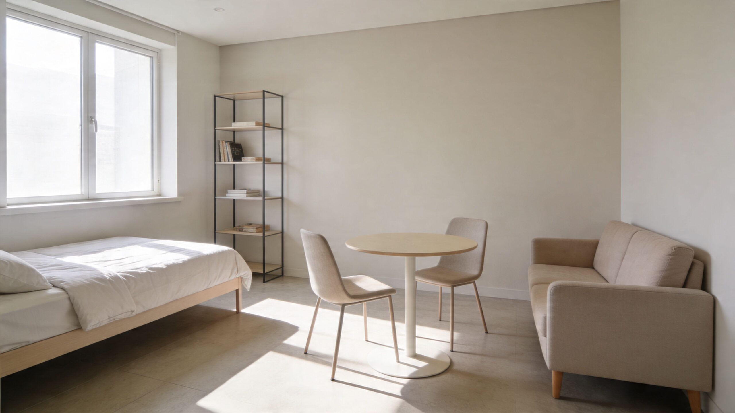 Ein helles, minimalistisches Zimmer mit einem Bett, einem kleinen Esstisch mit zwei Stühlen und einem beigen Sofa.