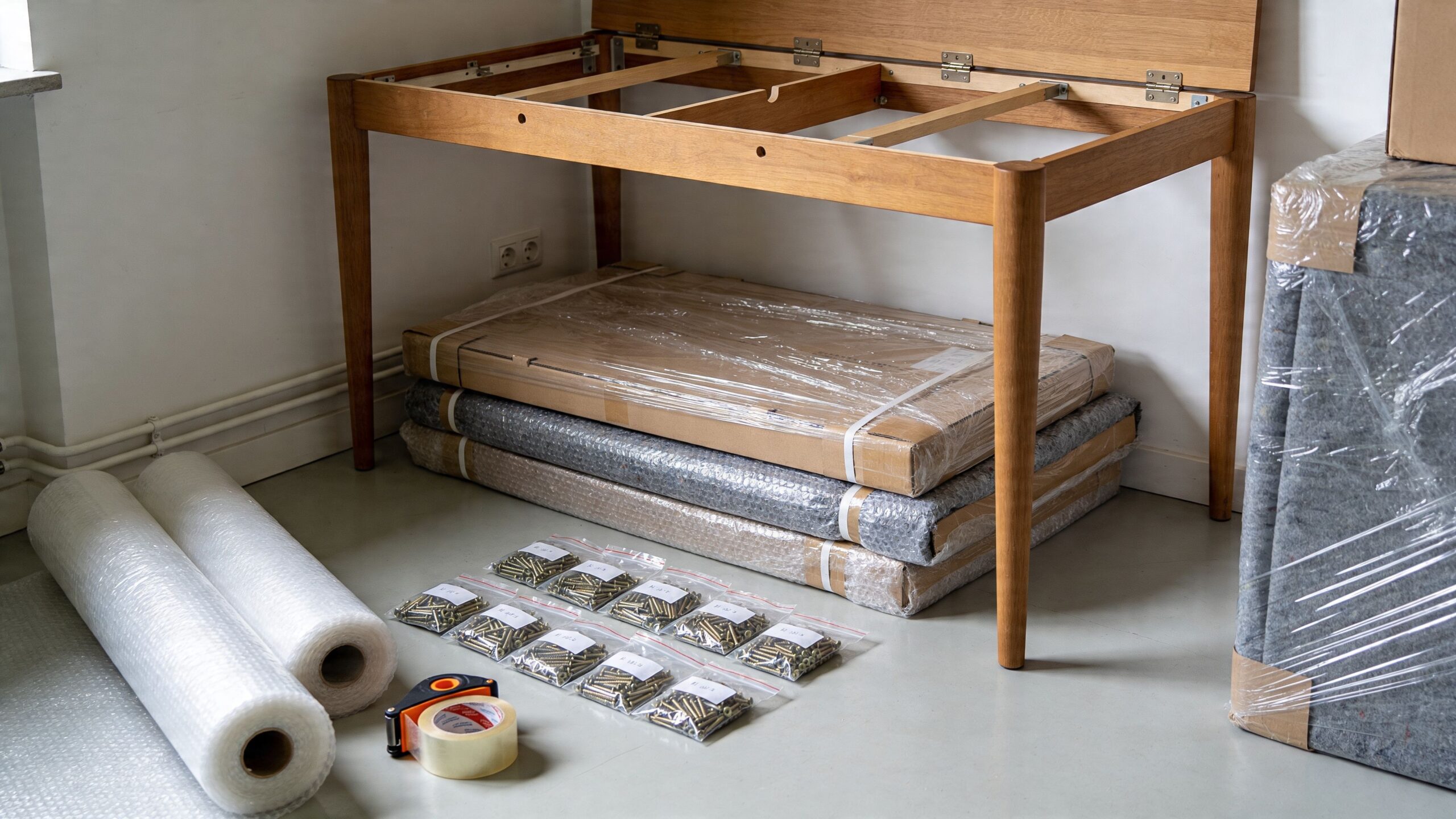 Ein Holztischgestell, verpackte Möbelteile, Blasenfolie und Schraubensets auf dem Boden zur Vorbereitung der Möbeleinlagerung.