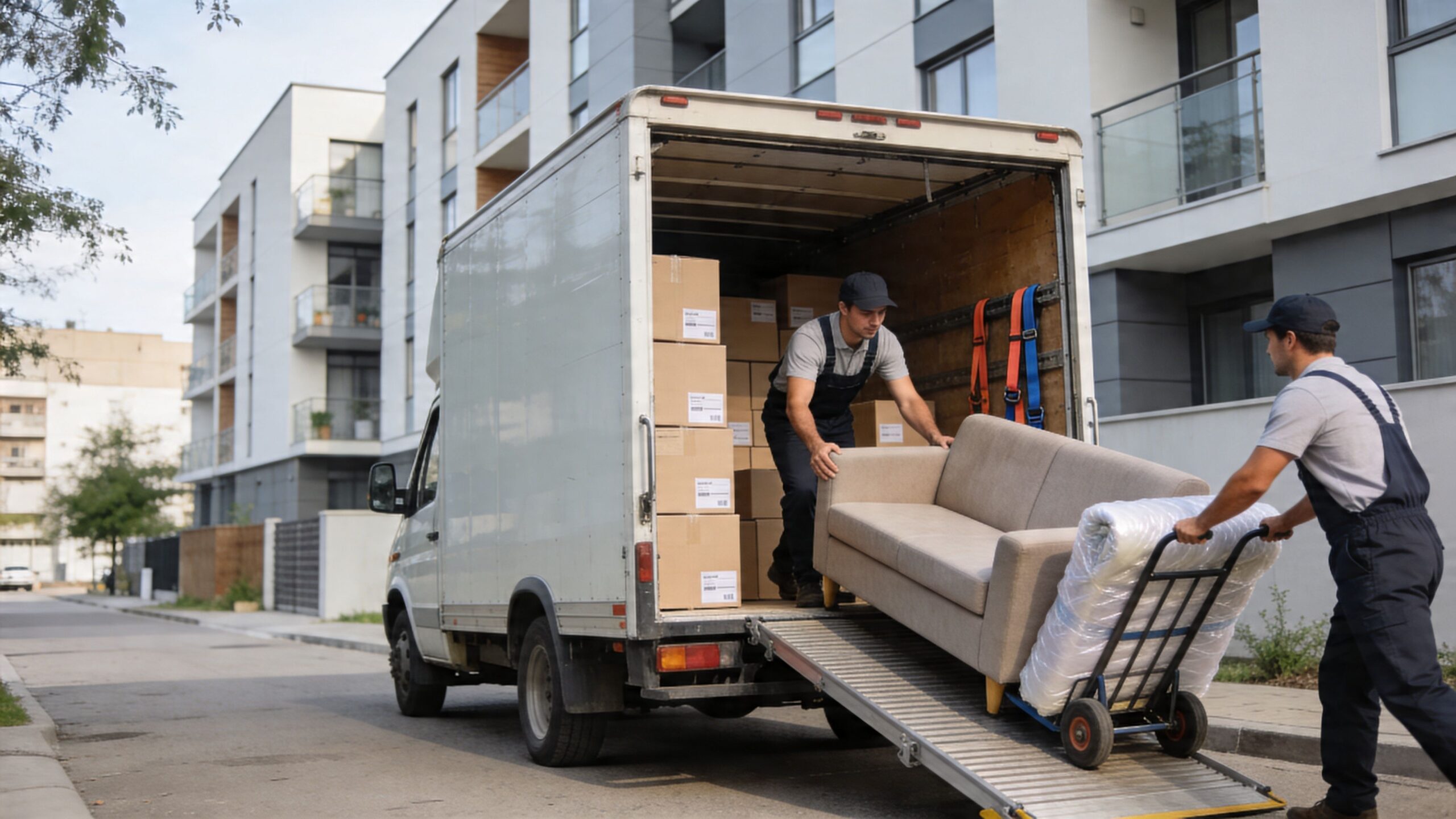 Zwei Umzugshelfer in Arbeitskleidung verladen ein Sofa auf eine Sackkarre in einen großen Möbeltransporter vor einem Wohngebäude.