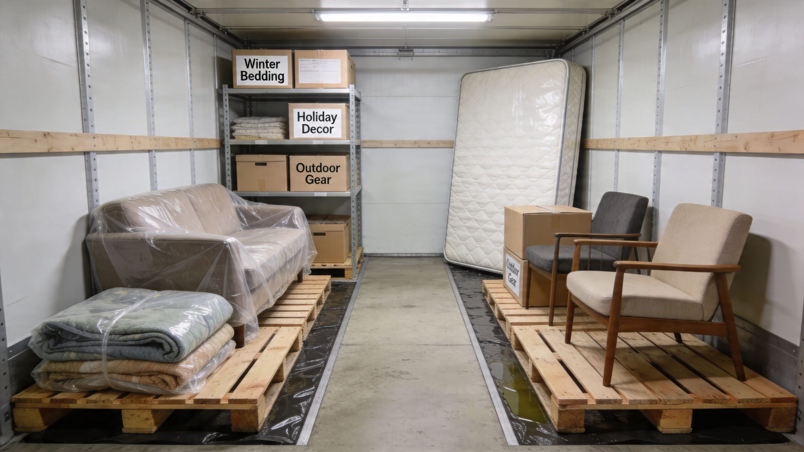 Ein ordentlich eingerichteter Lagercontainer mit verpackten Möbeln, Kartons und einem großen Matratzen-Stellplatz für die temporäre Möbeleinlagerung.