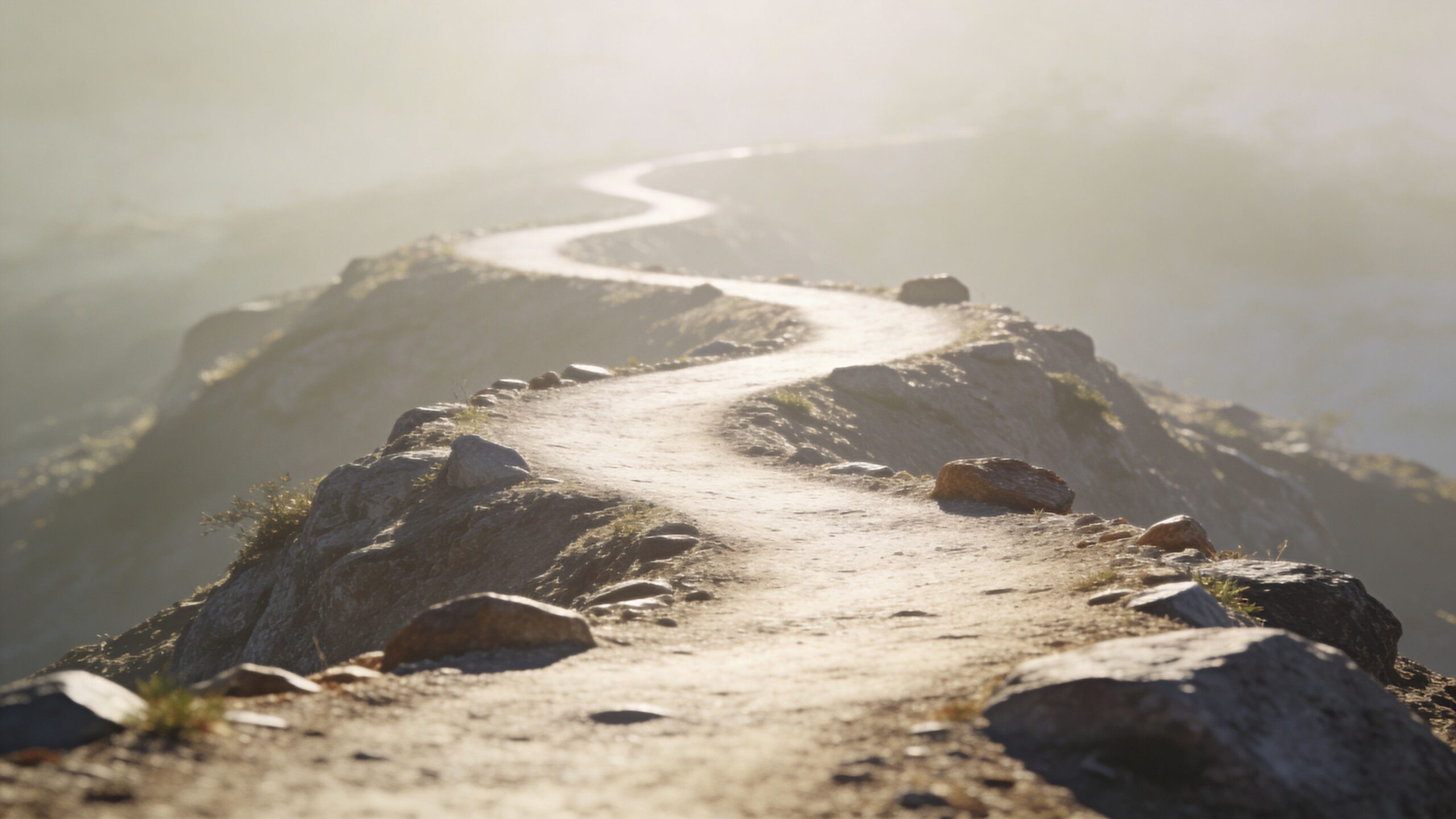 Ein sich windender, schmaler Pfad führt durch eine neblige, felsige Hügellandschaft in die helle Ferne.