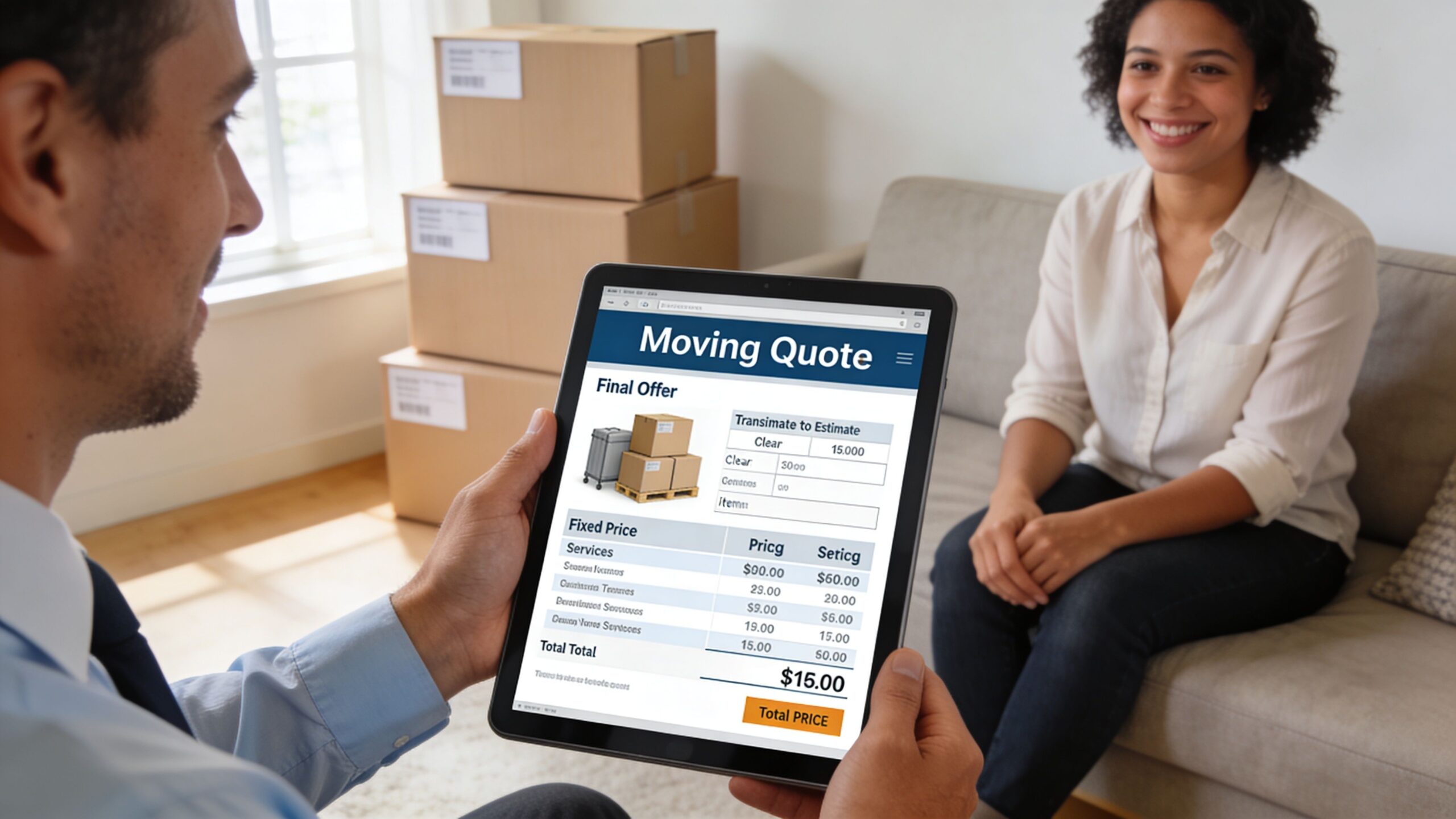 Ein Umzugsberater zeigt einer jungen Frau ein digitales Angebot für einen Umzug auf einem Tablet.