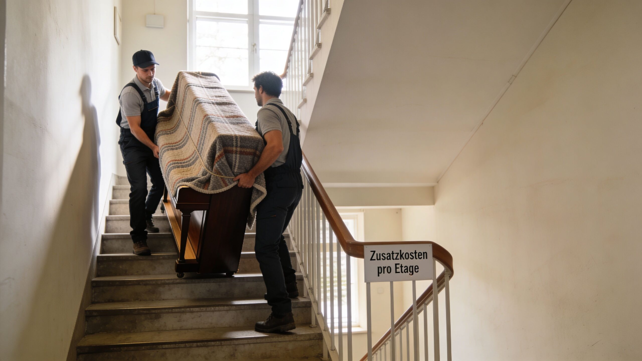 Zwei professionelle Umzugshelfer tragen gemeinsam ein mit einer Decke geschütztes Klavier die Treppe in einem Wohnhaus hoch.