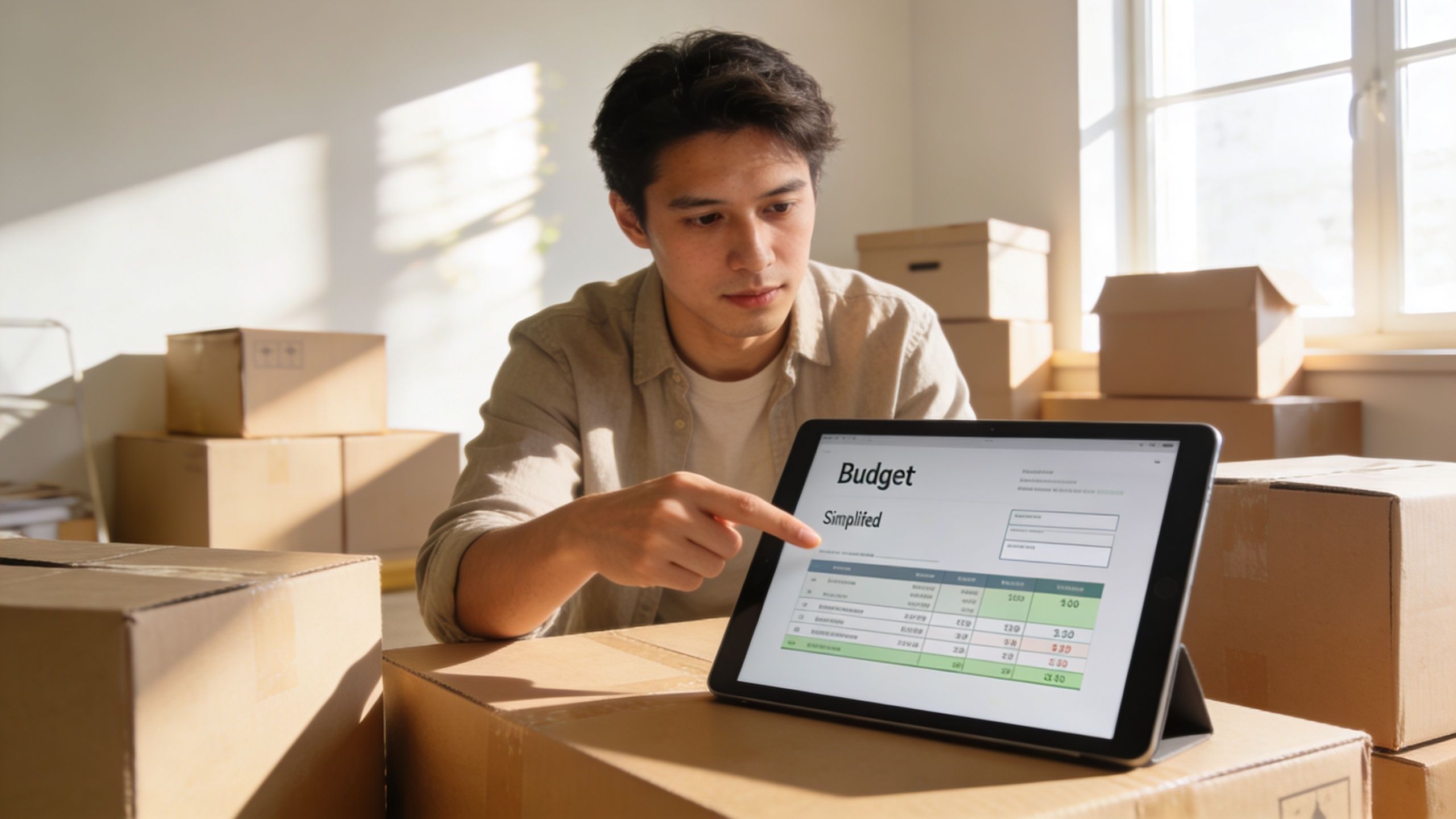 Ein junger Mann plant seine Umzugskosten mit einer Budget-App auf einem Tablet zwischen vielen Umzugskartons.
