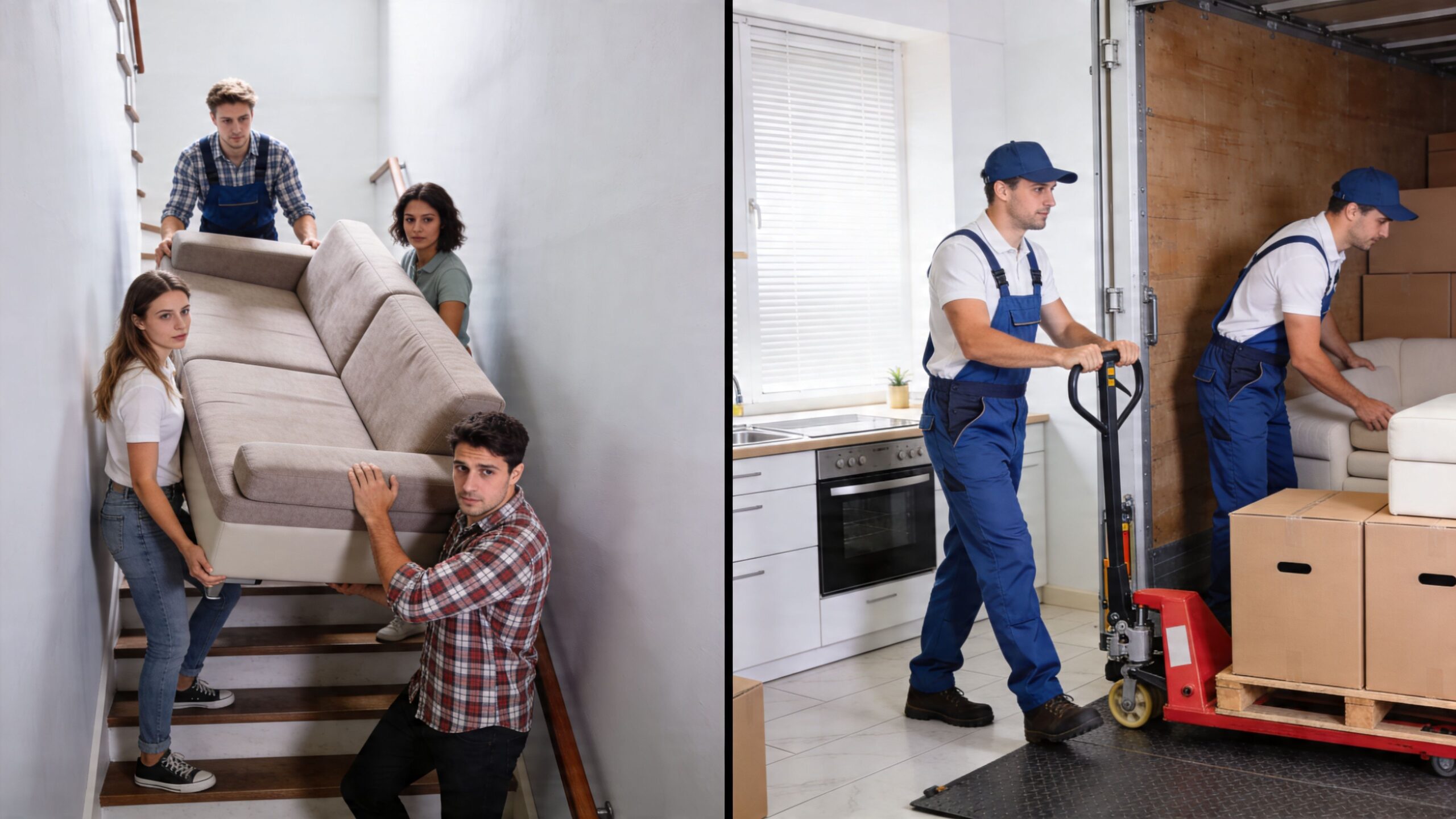Ein Umzugsteam beim Tragen eines Sofas über eine Treppe und beim Verladen von Kartons in einen LKW.