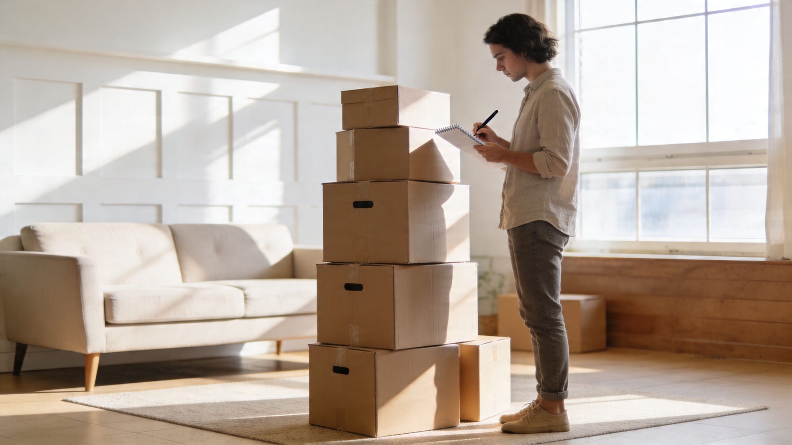 Ein junger Mann steht neben einem Stapel Umzugskartons in einem leeren Wohnzimmer und schreibt auf einem Block.