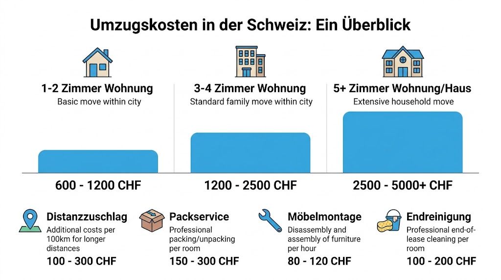 Übersicht der durchschnittlichen Umzugskosten in der Schweiz für verschiedene Wohnungsgrößen sowie zusätzliche Services und deren Preise.