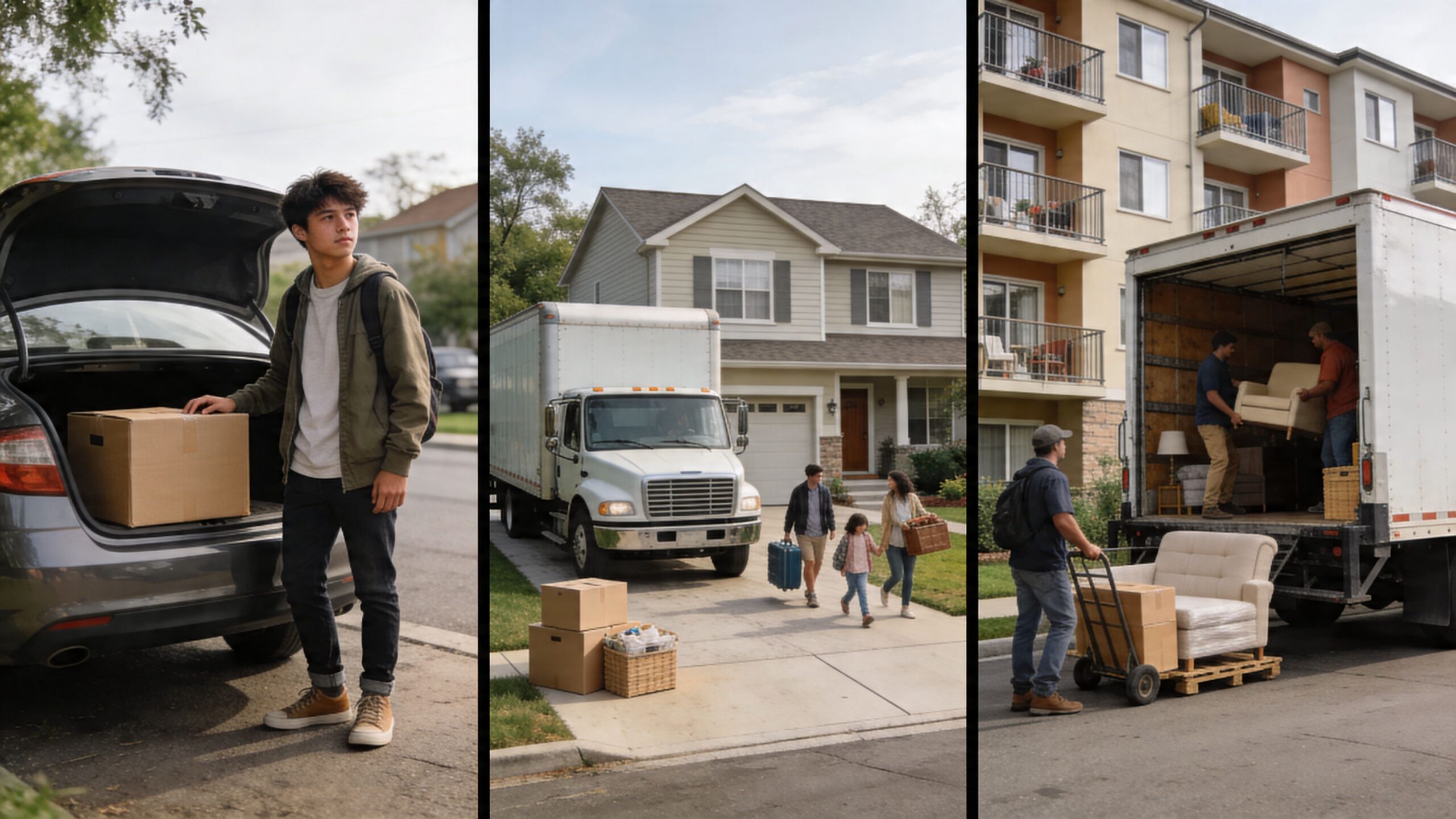Ein junger Mann und eine Familie laden beim Umzug in ein neues Haus ihre Habseligkeiten in Fahrzeuge.