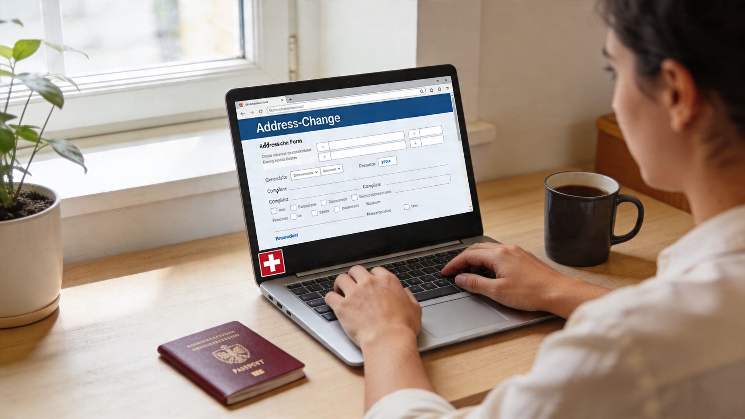 Eine Frau füllt online das Adressänderungsformular auf ihrem Laptop an einem hellen Schreibtisch in Zürich aus.