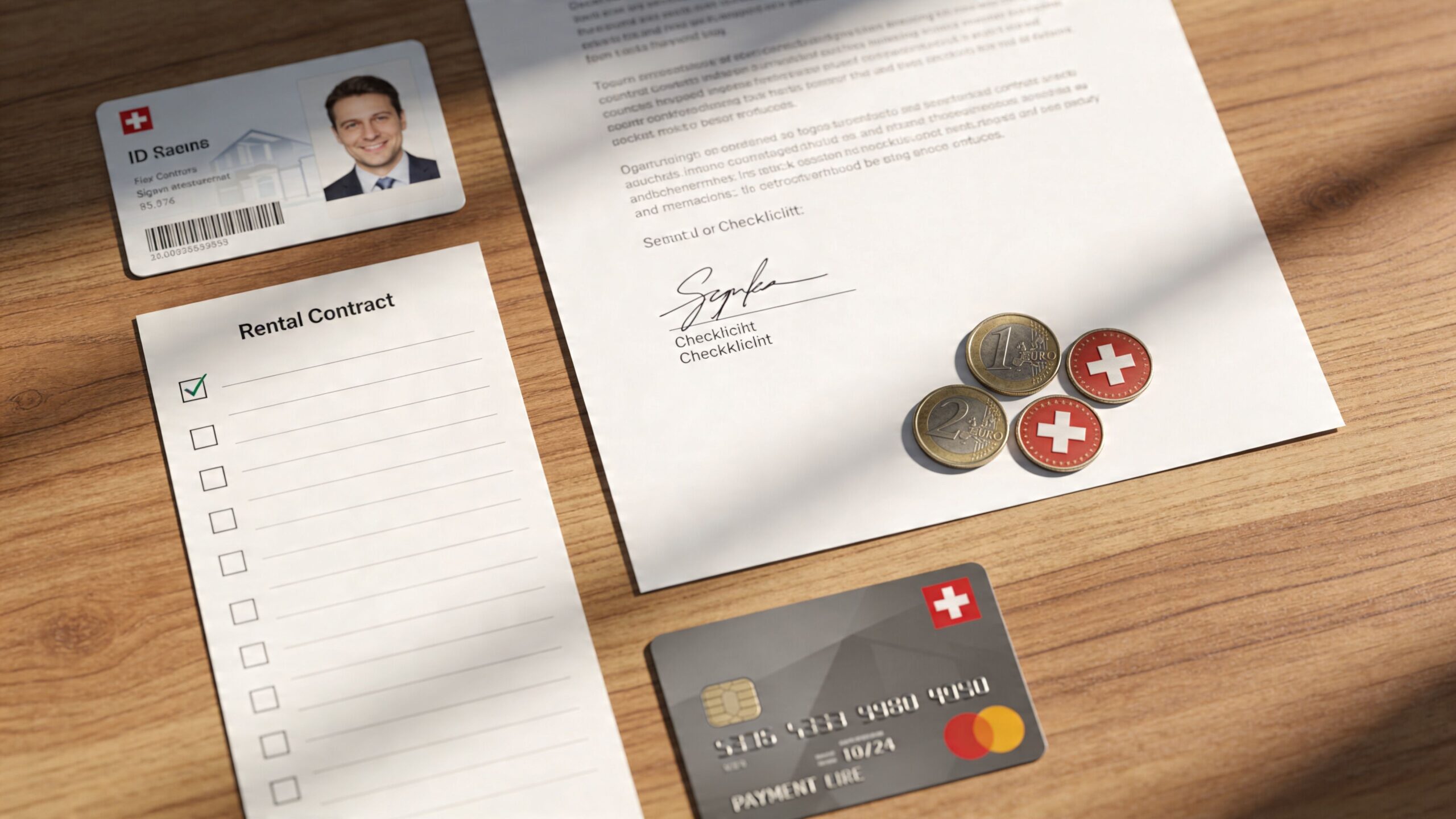 Ein Schweizer Ausweis, ein Mietvertrag, eine Kreditkarte und Euro-Münzen liegen ordentlich auf einem hölzernen Tisch bereit.