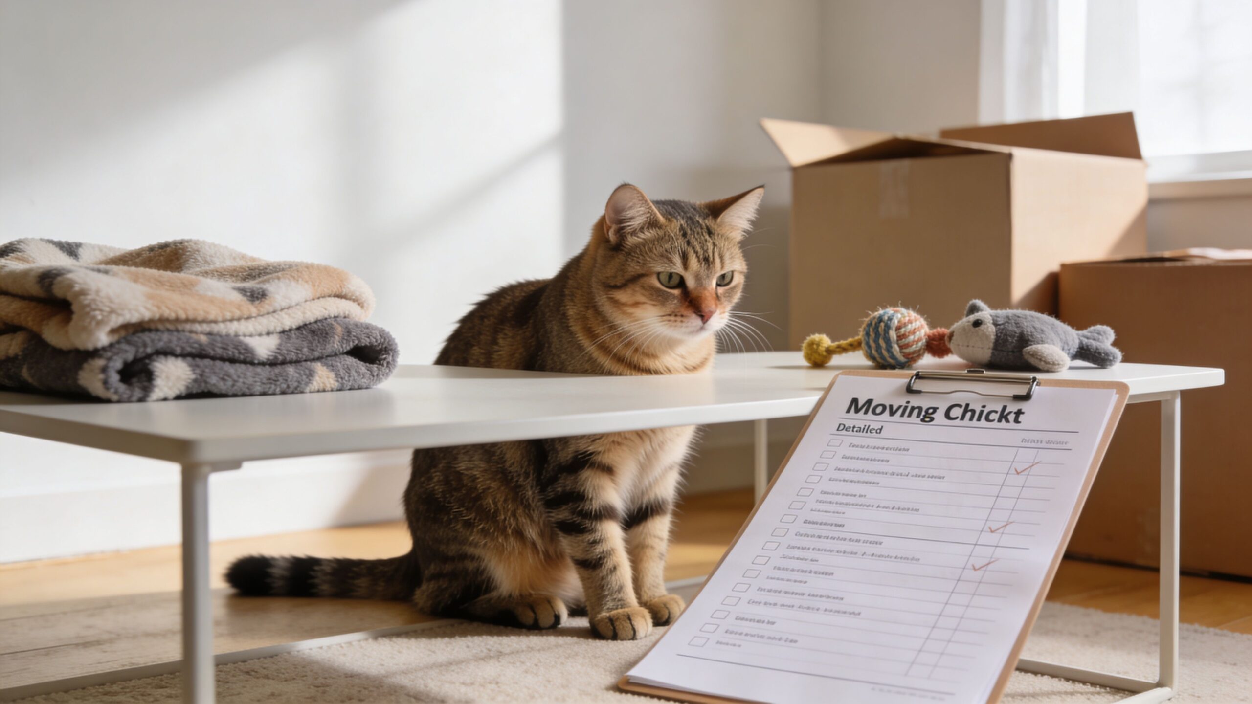 Eine getigerte Katze sitzt neben einer Umzugs-Checkliste auf einem kleinen Tisch mit Umzugskartons im Hintergrund.