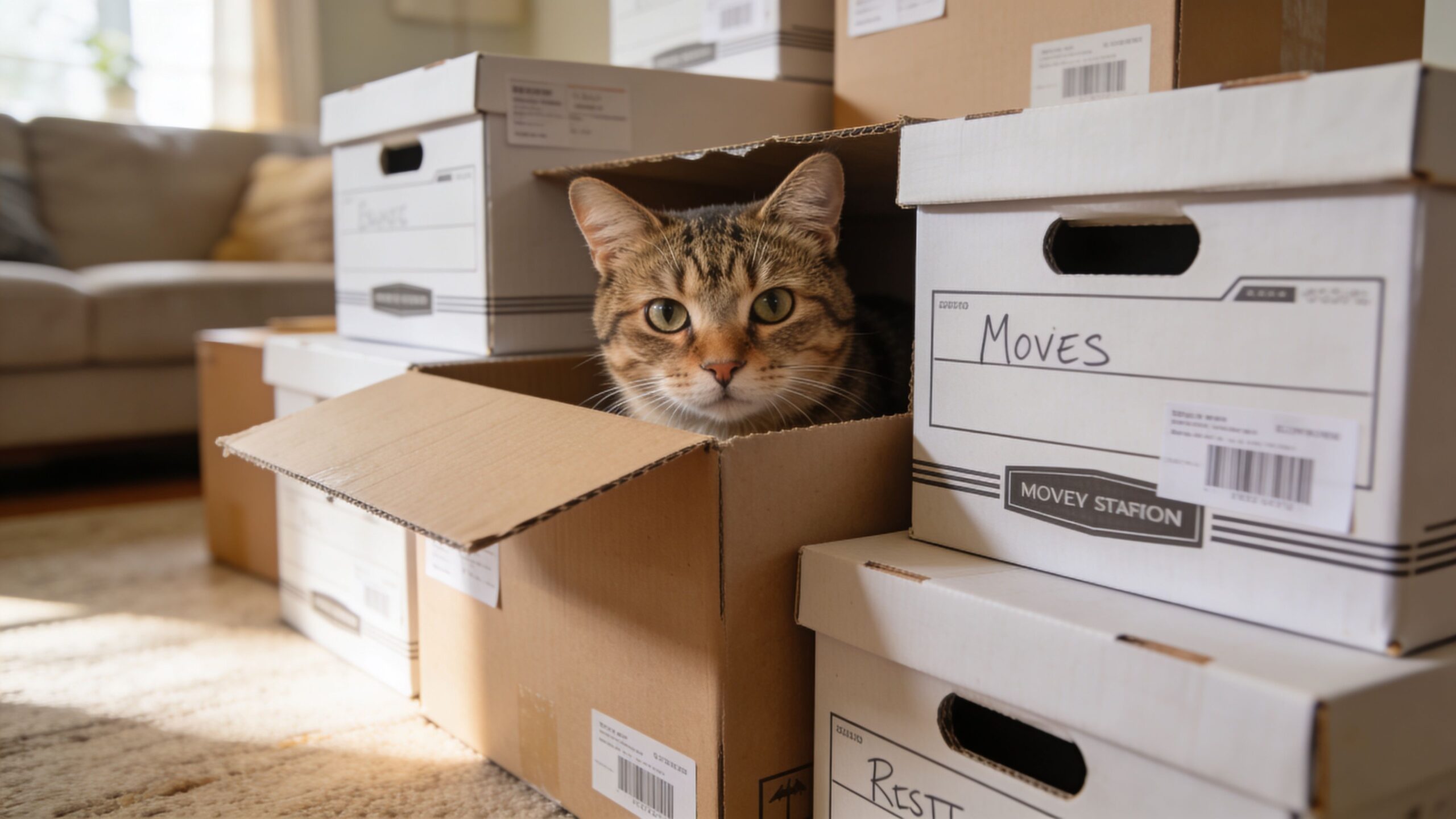 Eine niedliche getigerte Katze schaut neugierig aus einem Umzugskarton inmitten von vielen weiteren Umzugskartons in einem Wohnzimmer.