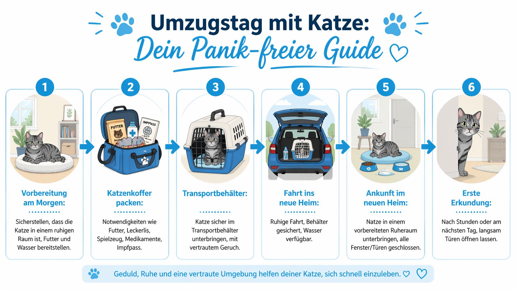 Eine Infografik mit sechs Schritten für einen stressfreien Umzug mit einer Katze ins neue Zuhause.