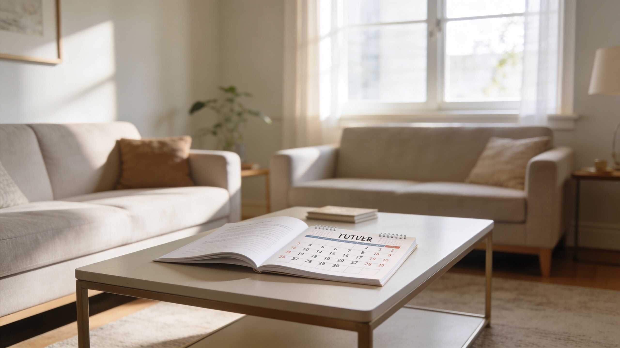 Ein offener Kalender liegt auf einem Couchtisch in einem hellen, gemütlich eingerichteten Wohnzimmer mit zwei Sofas.