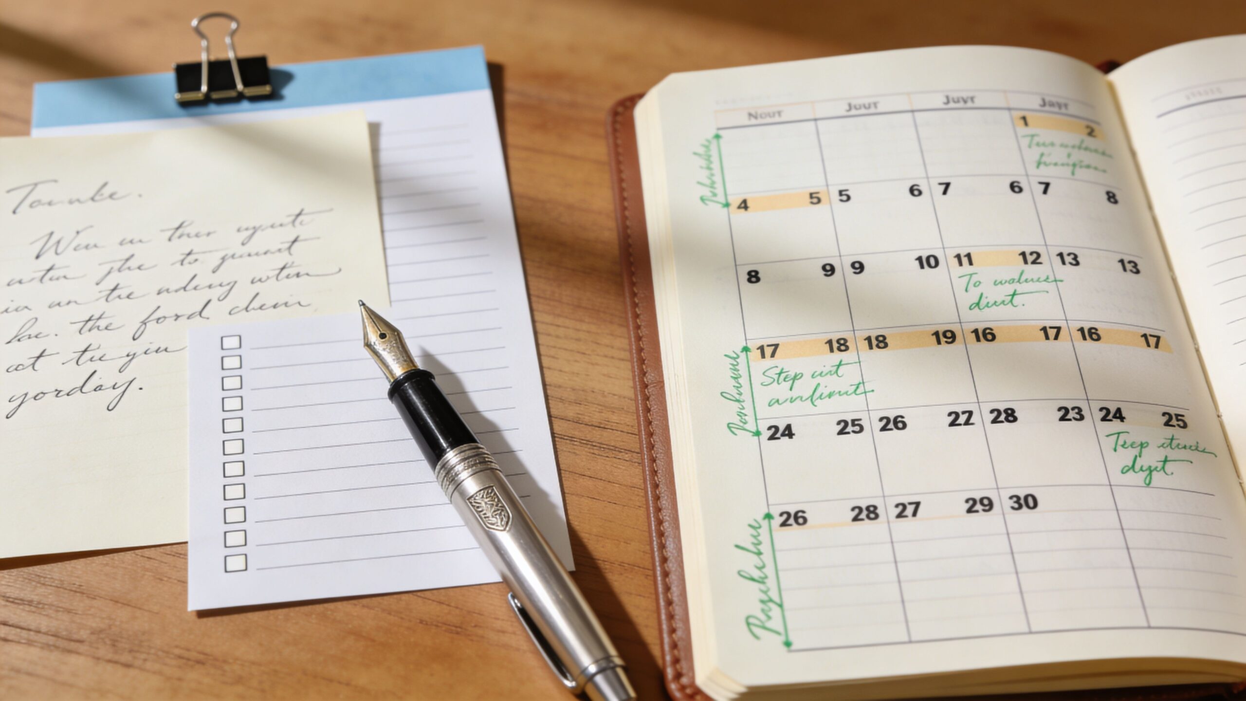 Ein Schreibtisch mit einem Kalender, einer Liste und einem Füllfederhalter zur Planung von Kündigungsfristen der Wohnung.