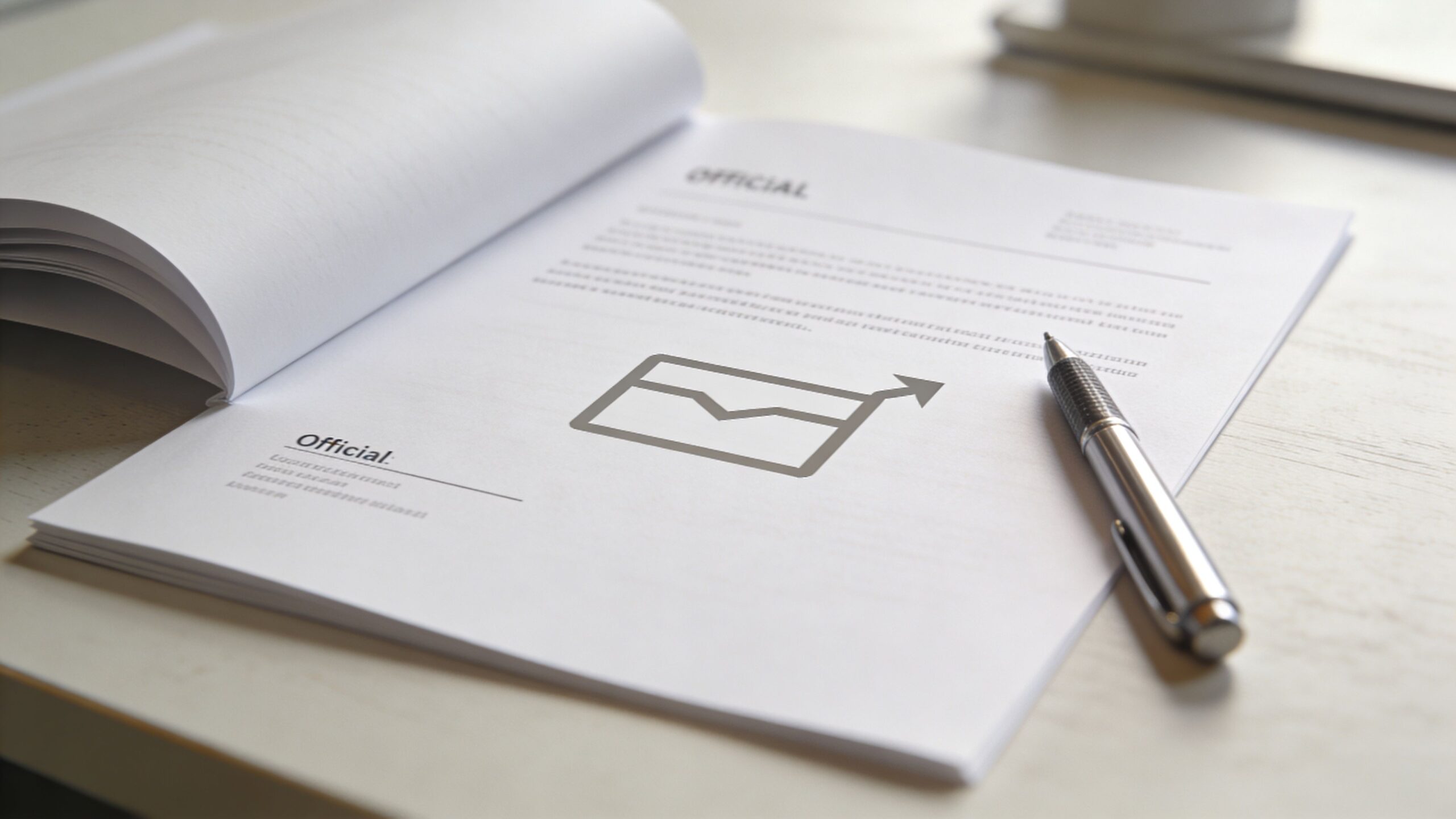 Ein offizielles Dokument liegt auf einem Schreibtisch bereit, daneben befindet sich ein eleganter silberner Füllfederhalter.