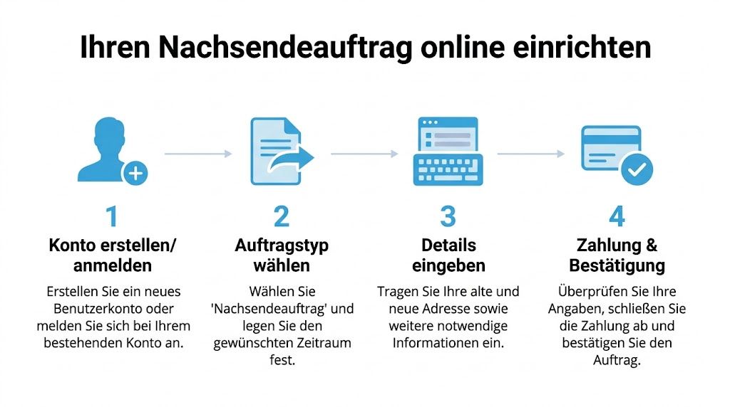 Eine Schritt-für-Schritt-Anleitung zur Online-Einrichtung eines Nachsendeauftrags für Ihre Post mit vier einfachen Schritten.