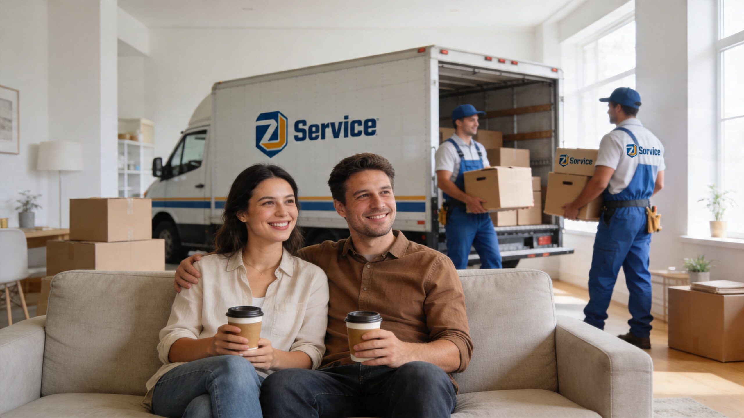 Ein glückliches Paar sitzt auf dem Sofa, während Umzugshelfer im Hintergrund ihr Hab und Gut in den Transporter laden.