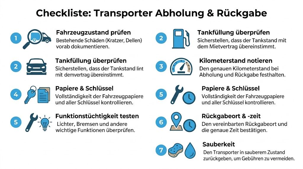 Eine strukturierte Checkliste für die ordnungsgemäße Abholung und Rückgabe eines Miet-Transporters mit sieben wichtigen Schritten für Mieter.