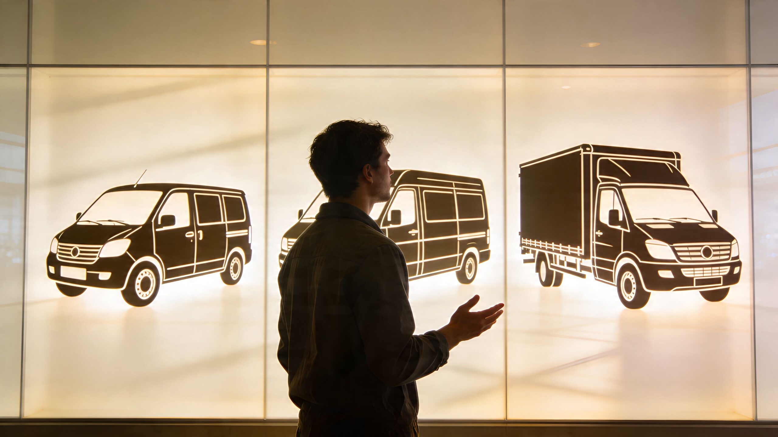 Ein Mann steht vor einer beleuchteten Wand mit Umrissen von verschiedenen Transportern und Lieferwagen in einem Verkaufsraum.