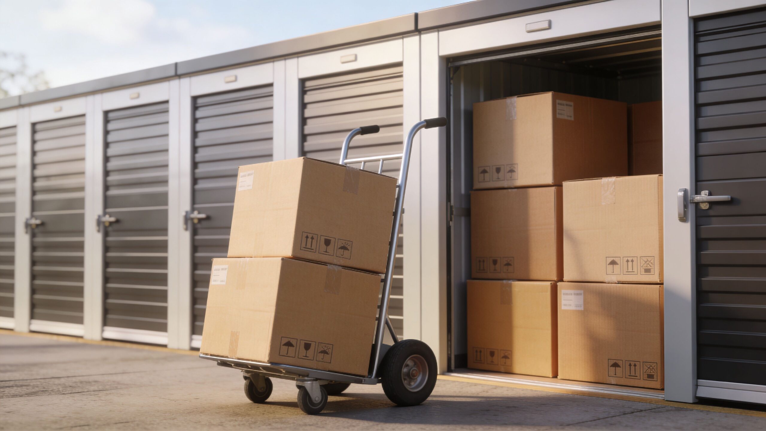 Ein Handwagen beladen mit zwei Kartons vor einem geöffneten Lagerraum in einem modernen Selfstorage-Lagergebäude.