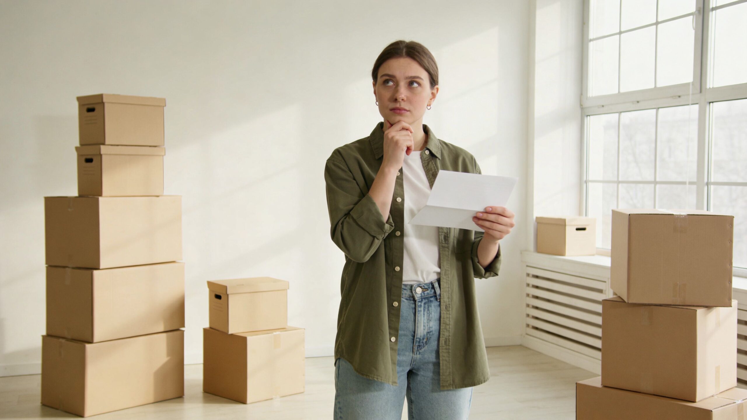 Eine junge Frau beim Umzug hält einen Brief in der Hand und schaut nachdenklich in ihrem neuen Zuhause.