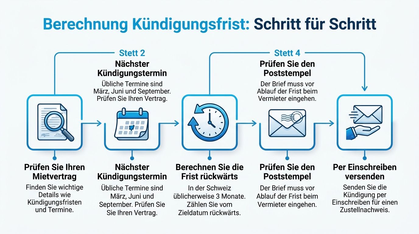Eine Infografik zur schrittweisen Berechnung der Kündigungsfrist für Mietverträge in der Schweiz.