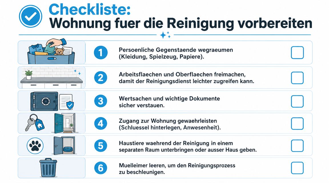 Eine Checkliste in deutscher Sprache zur Vorbereitung der eigenen Wohnung auf eine professionelle Reinigung durch einen Reinigungsdienst.