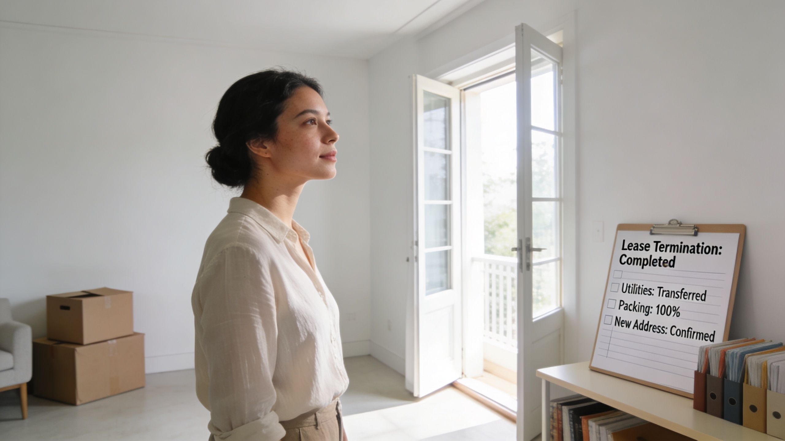 Eine Frau in einem leeren Raum mit Umzugskartons und einer Checkliste zur Wohnungsübergabe und Kündigung.