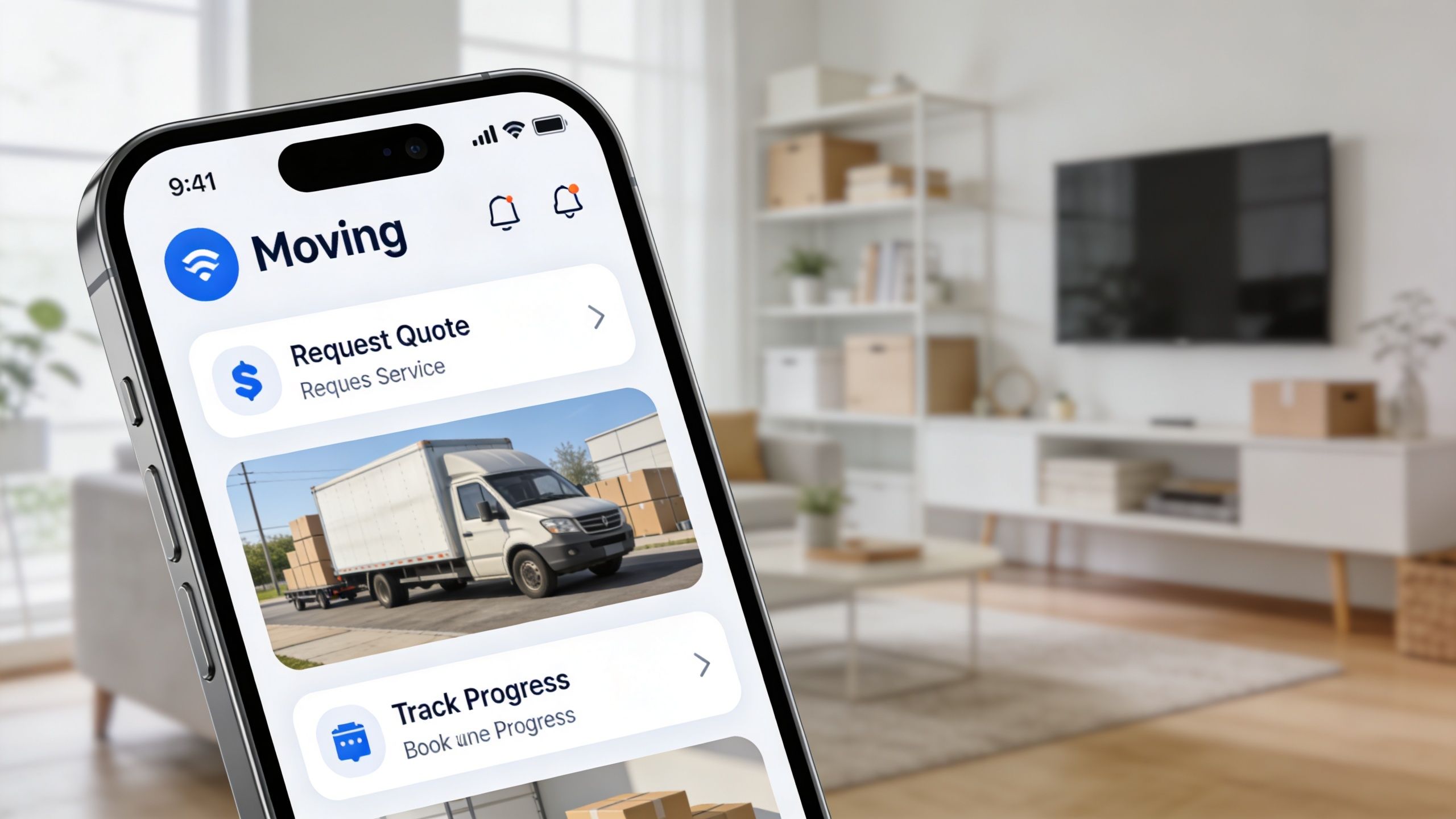 Ein Smartphone zeigt eine App für Umzugsdienste mit Optionen wie Angebot anfordern und Fortschritt verfolgen im Wohnzimmer.