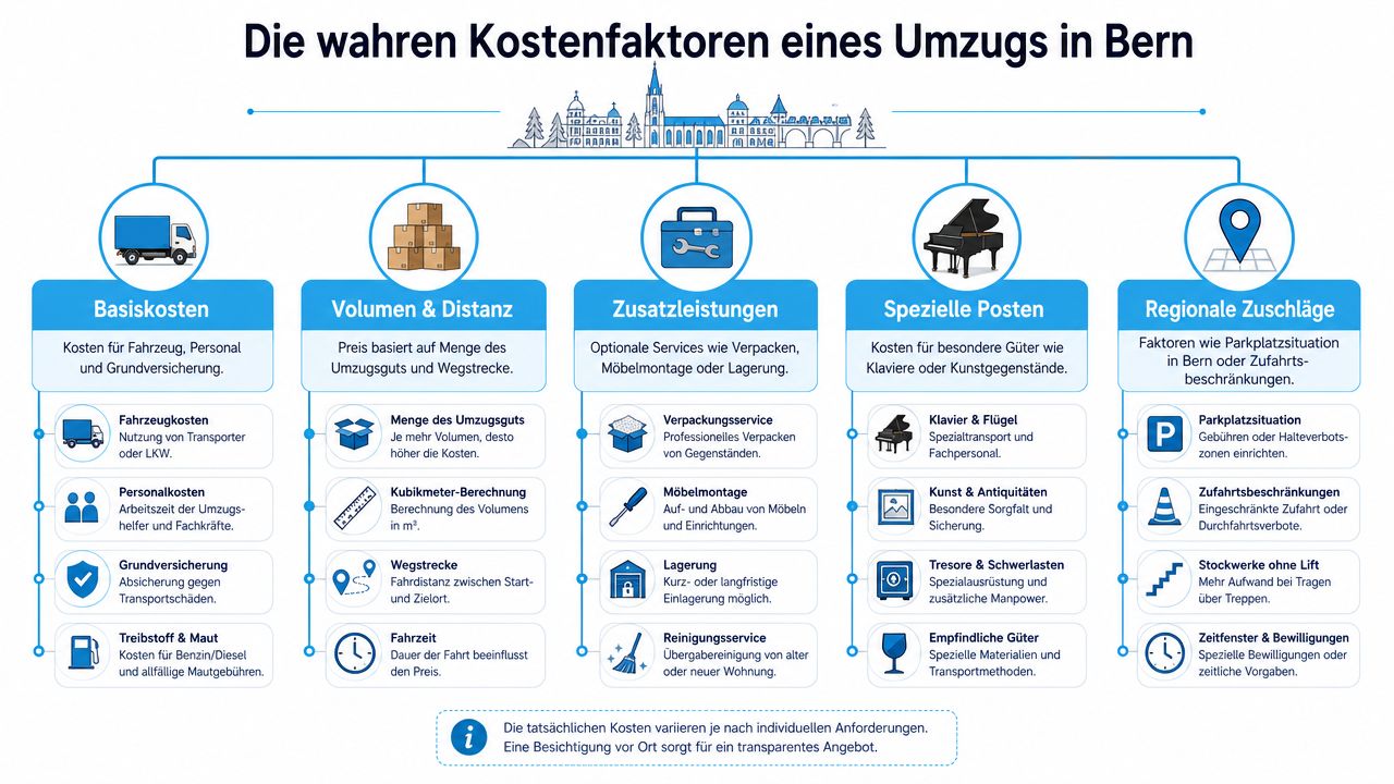 Übersichtsgrafik der verschiedenen Kostenfaktoren für einen Umzug in der Stadt Bern, unterteilt in fünf Kategorien.