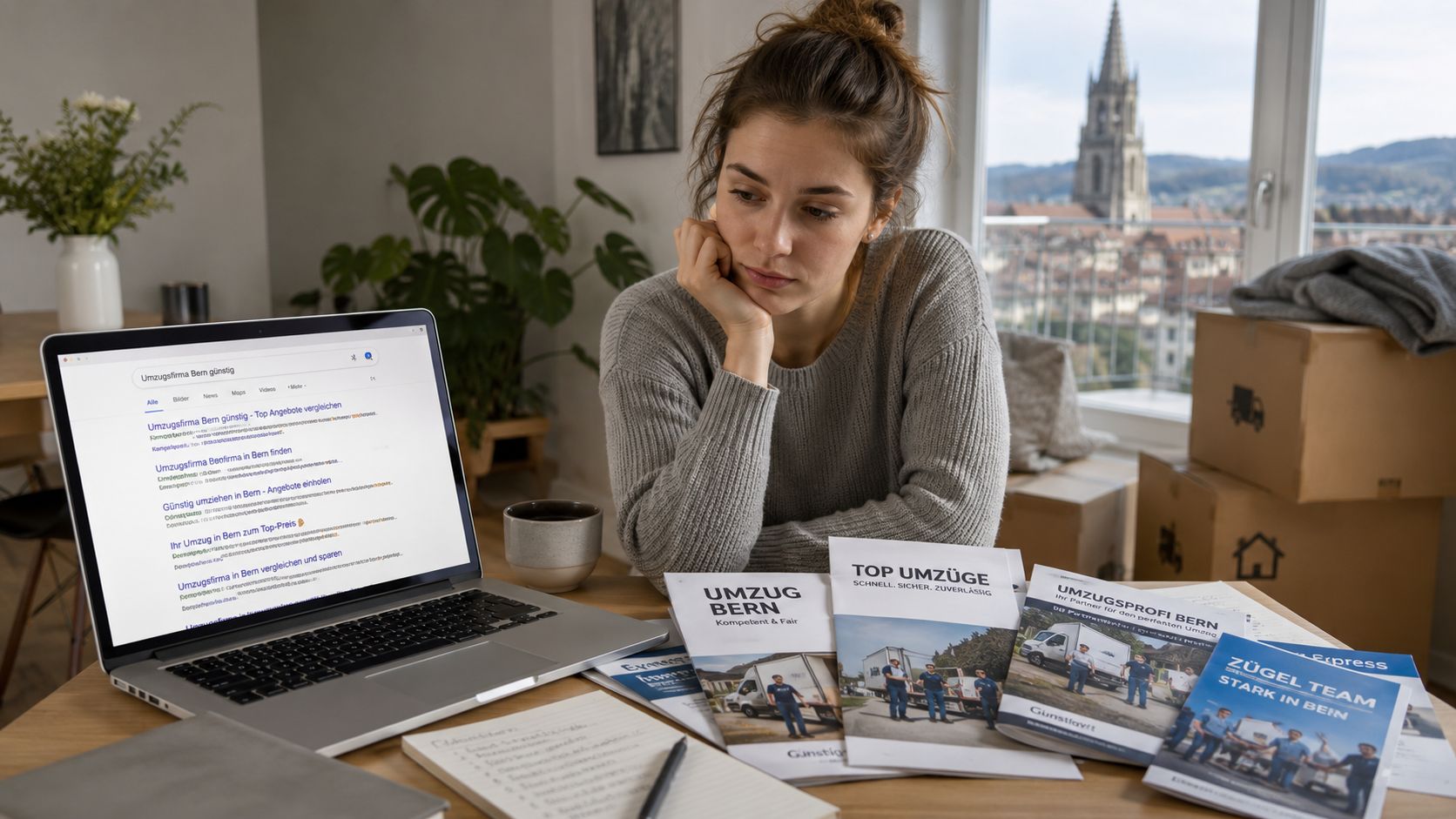 Eine Frau plant ihren Umzug in Bern und vergleicht verschiedene Umzugsfirmen auf ihrem Laptop am Schreibtisch.