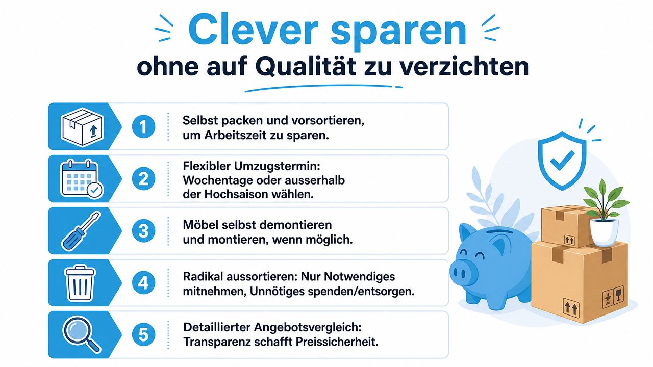 Eine Infografik mit fünf Tipps, wie man bei einem Umzug durch Eigenleistung clever Geld sparen kann.