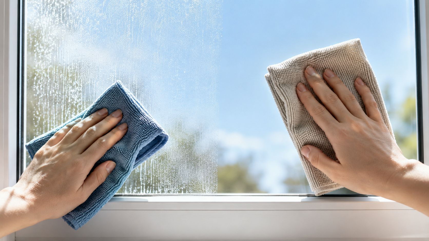 Eine Person reinigt eine Fensterscheibe mit einem blauen und einem beigen Mikrofasertuch für strahlende Sauberkeit.