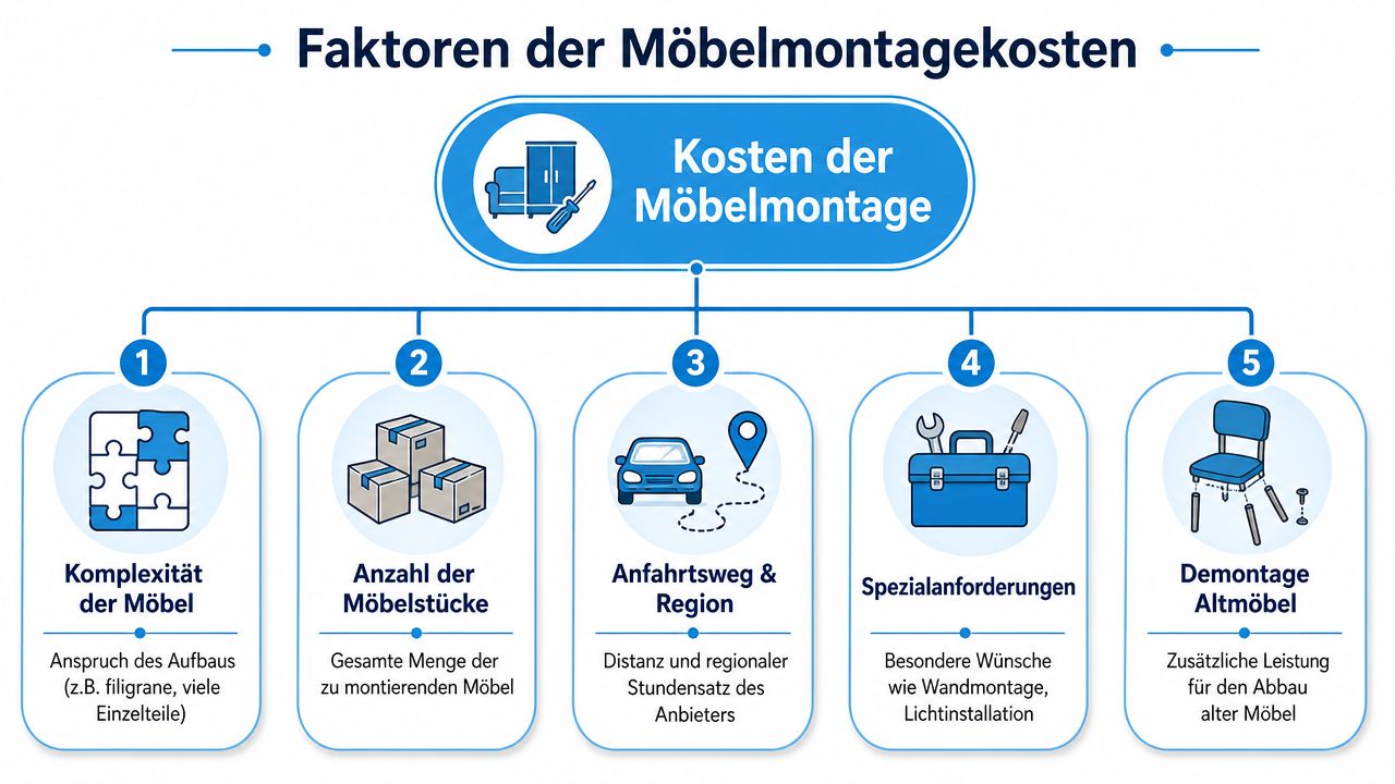Infografik zeigt die fünf wichtigsten Faktoren für die Kosten bei der professionellen Möbelmontage und Aufbauhilfe.