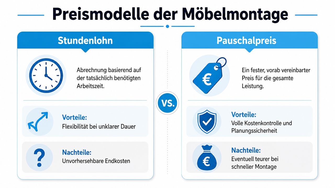 Vergleichsgrafik zwischen Stundensatz und Pauschalpreis für die professionelle Möbelmontage inklusive Vor- und Nachteilen für Kunden.