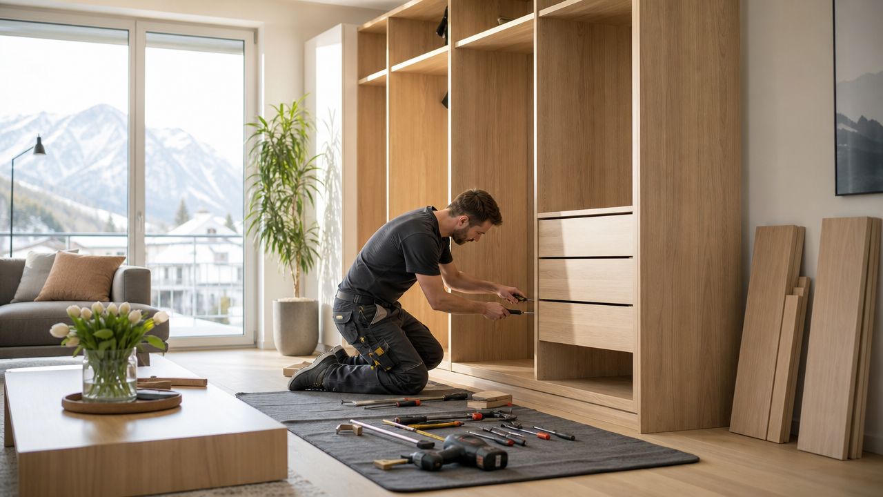Ein Handwerker baut in einem modernen Wohnzimmer einen großen Einbauschrank aus hellem Holz auf.